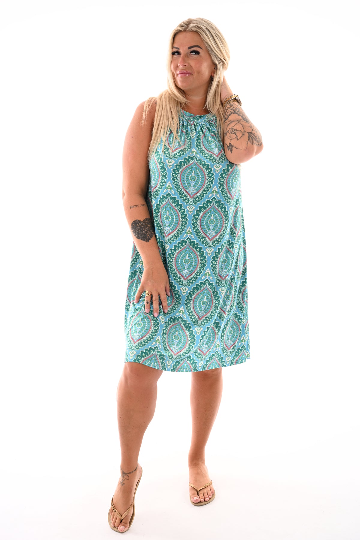 Halter jurk print damast turquoise
