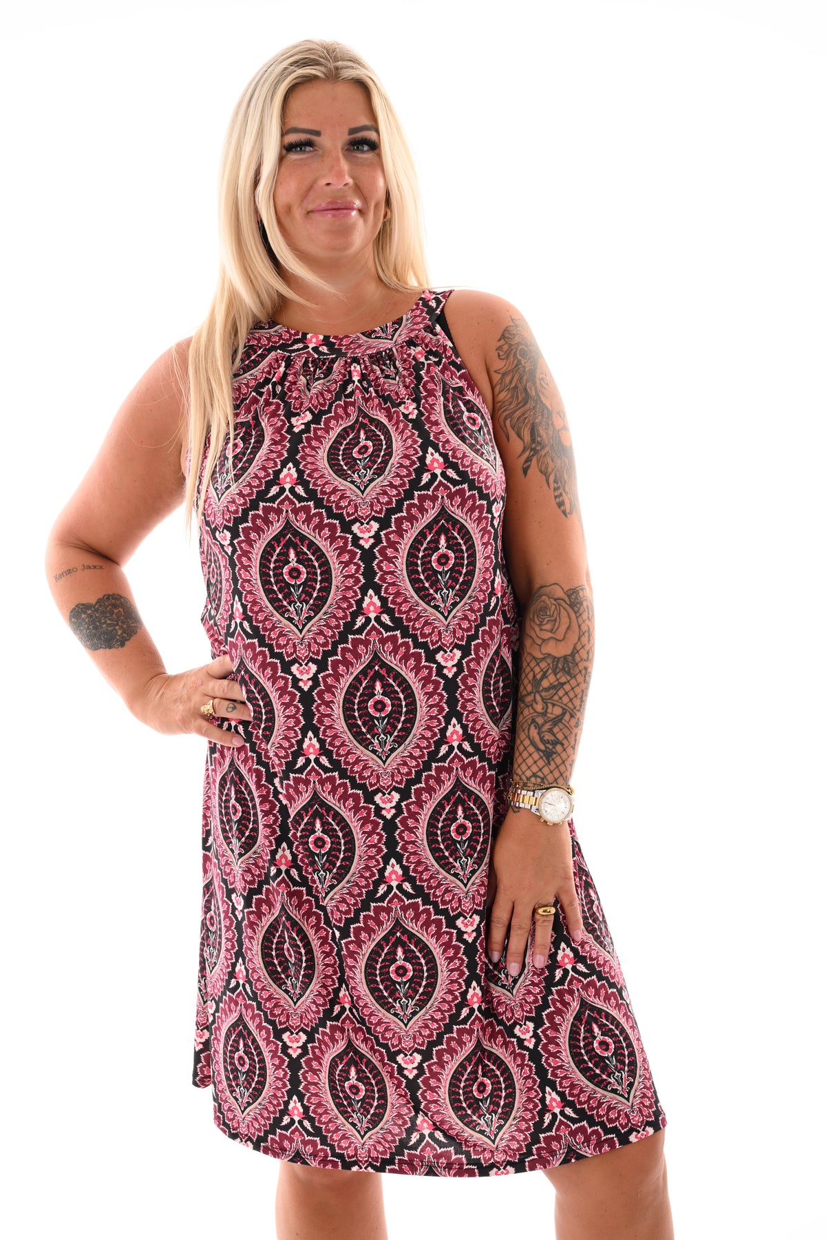Halter jurk print damast zwart