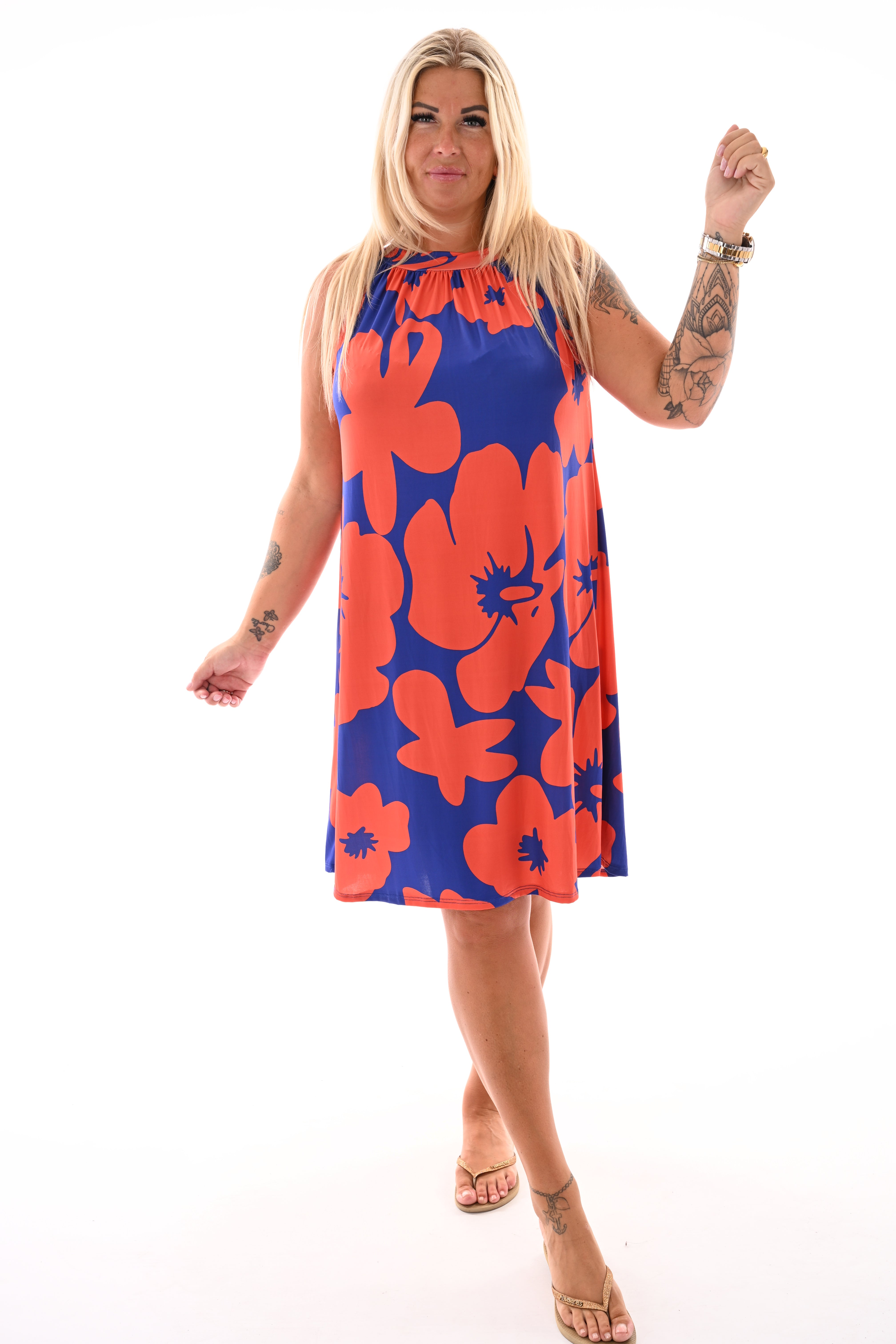 Halter jurk print bloemen blauw/oranje