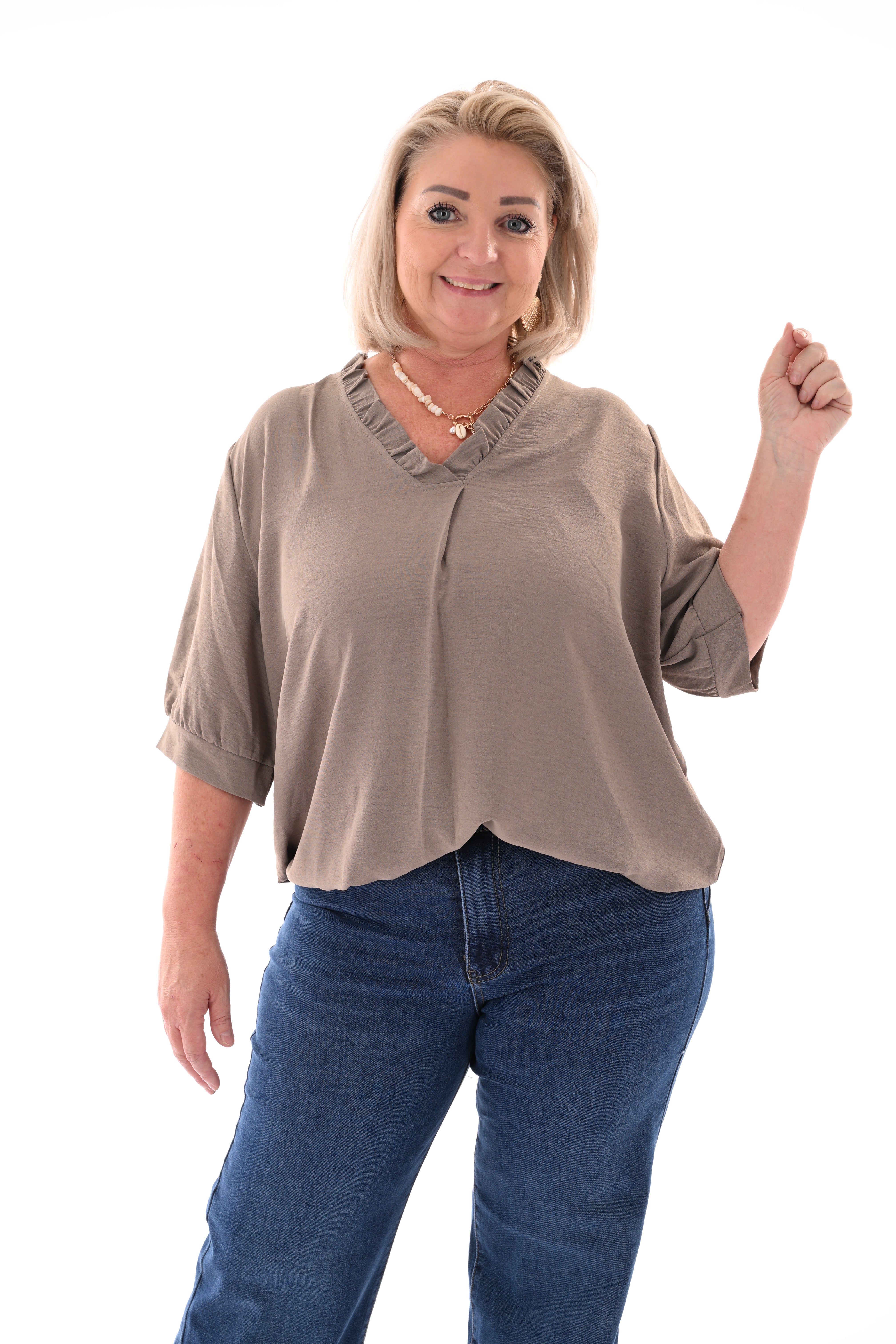 Top roezel v-hals taupe