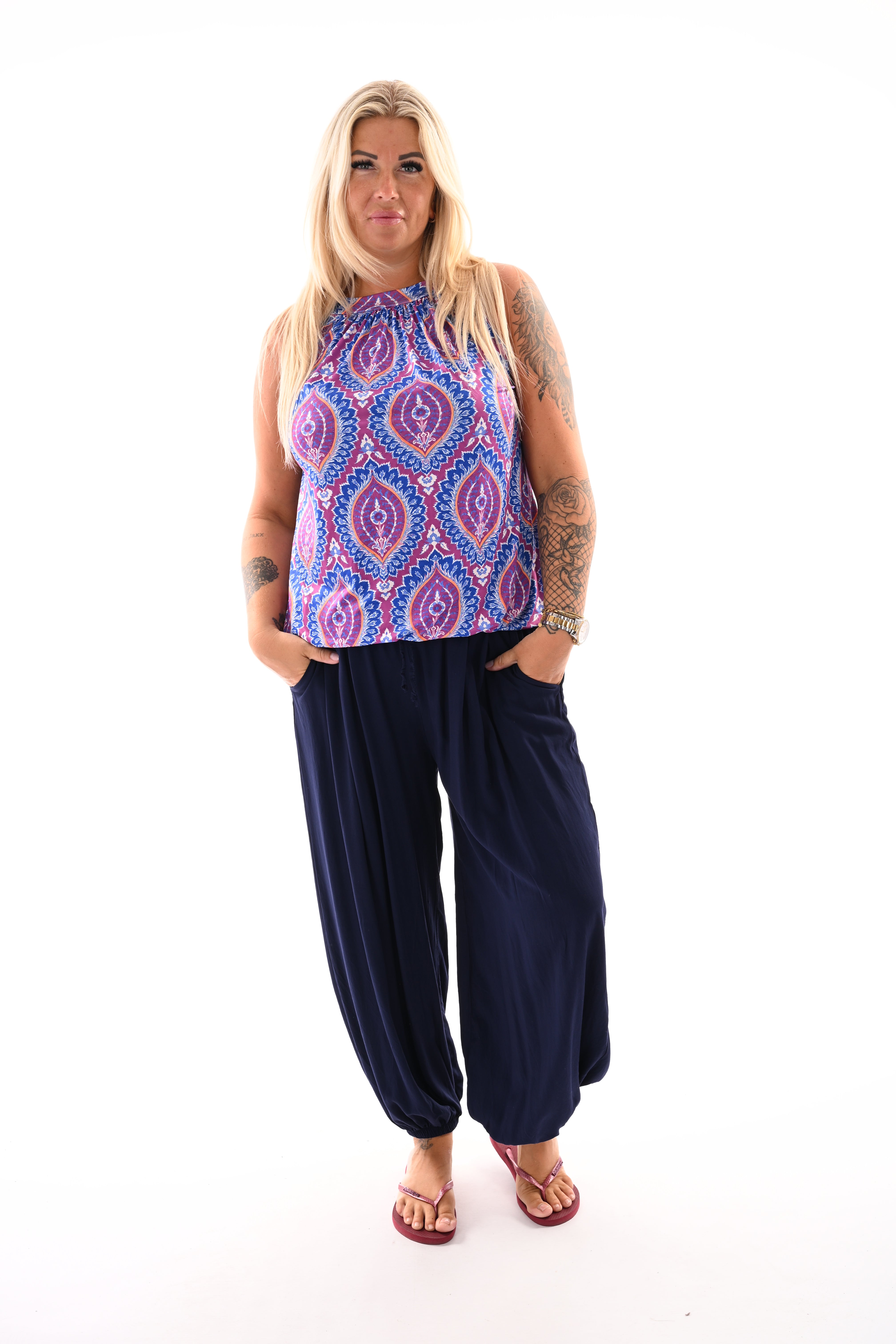 Halter top print damast kobaltblauw
