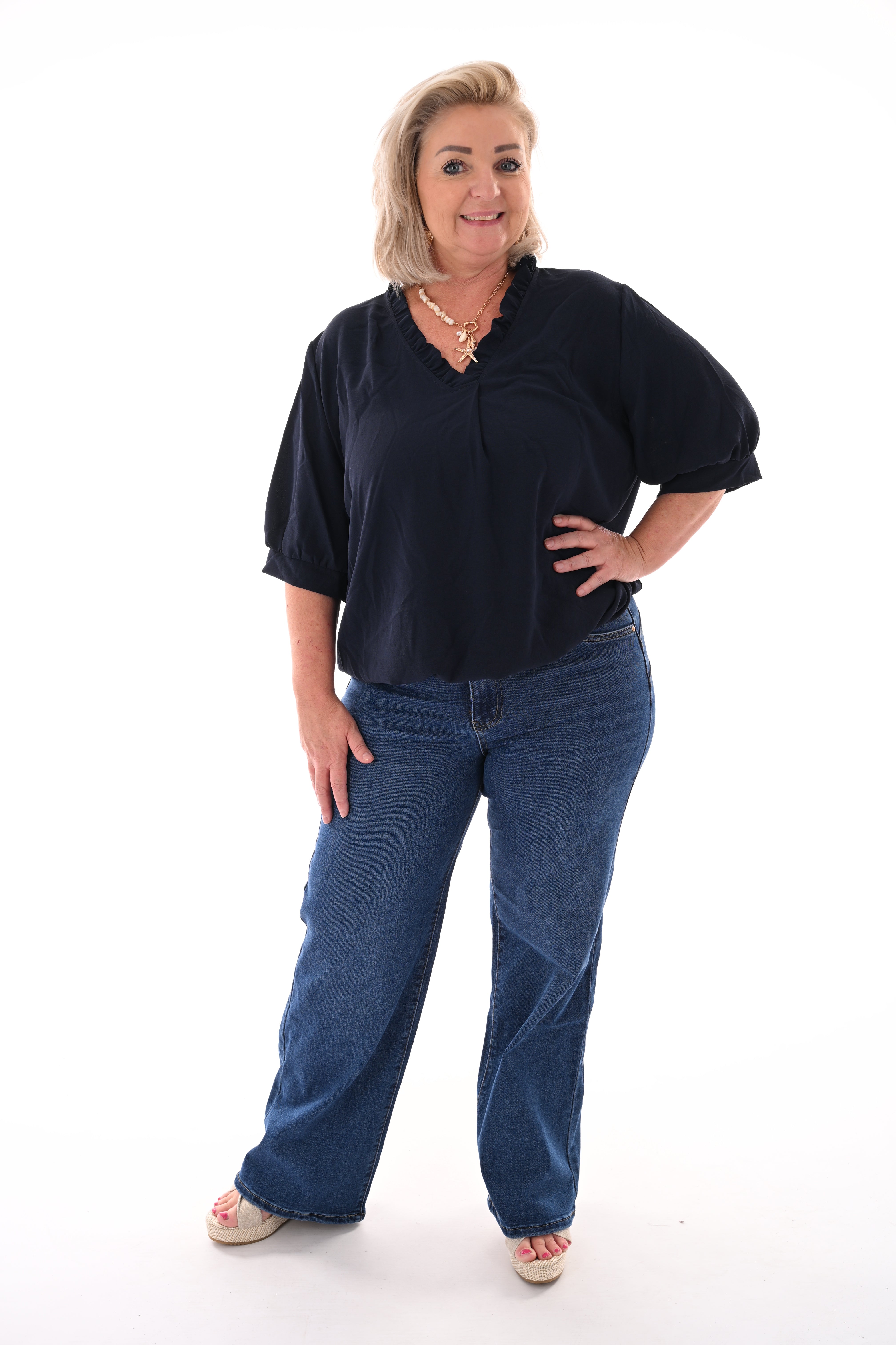 Top roezel v-hals marineblauw