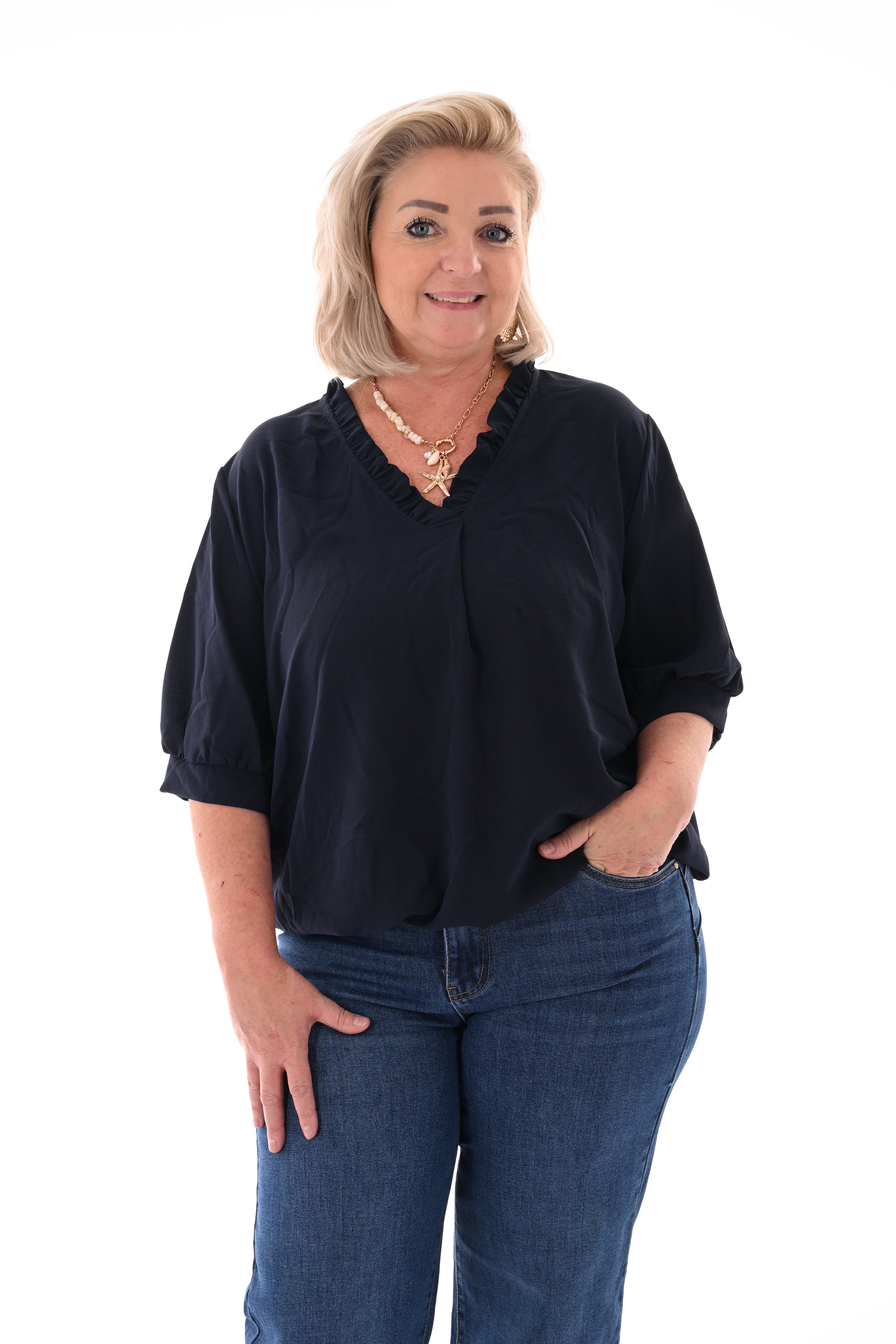 Top roezel v-hals marineblauw