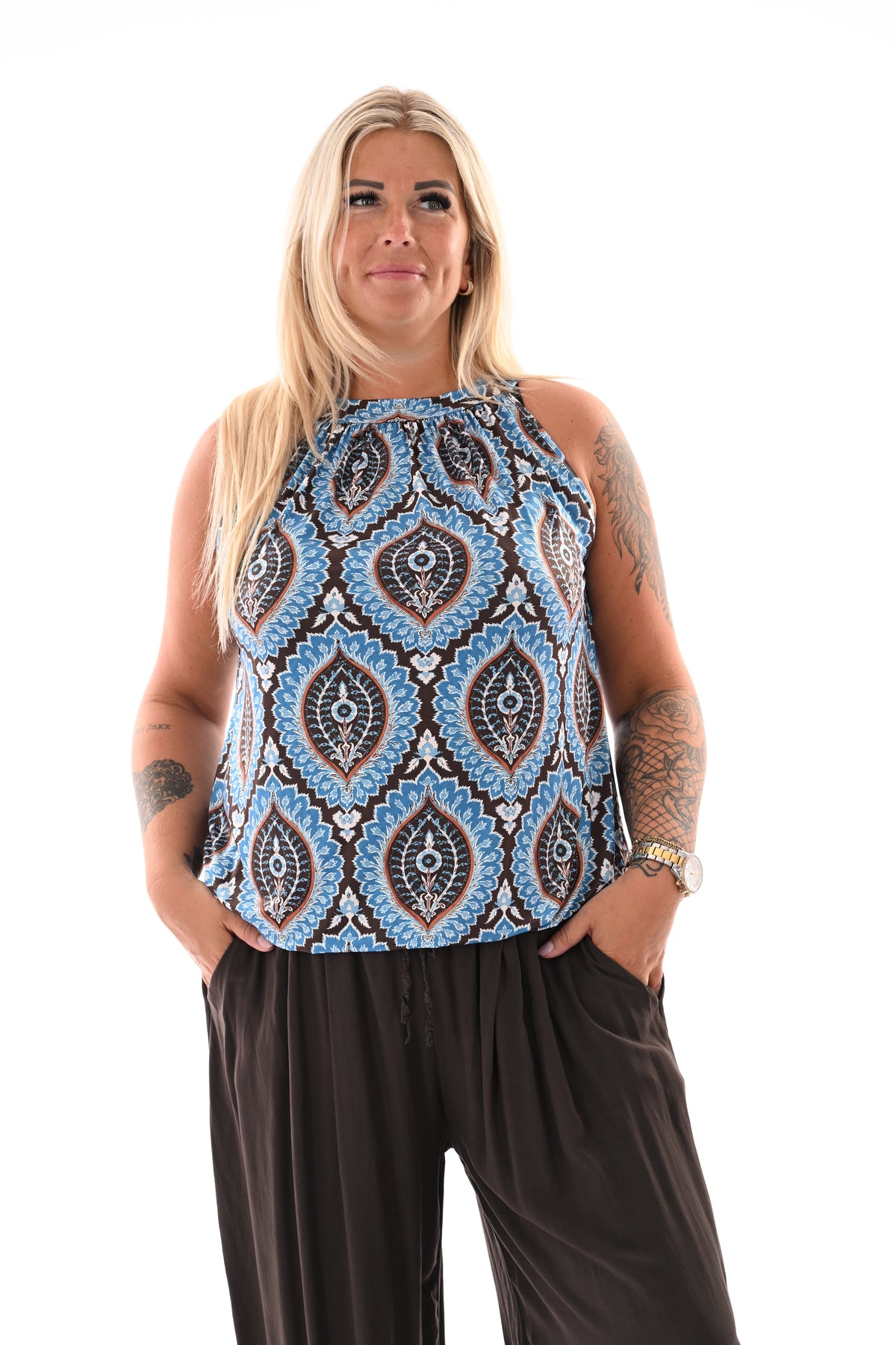 Halter top print damast jeansblauw