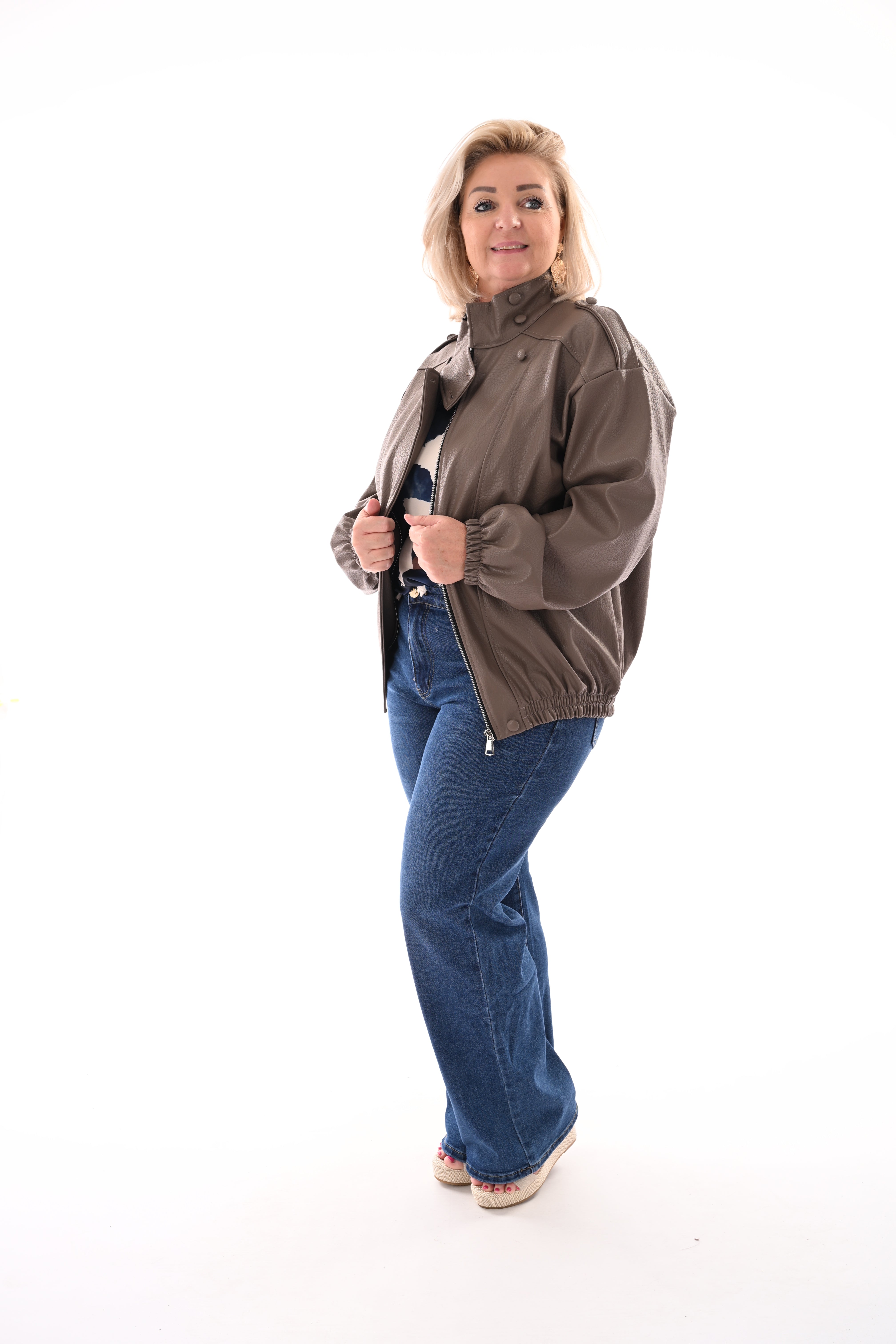 Leather look jasje overslag  taupe