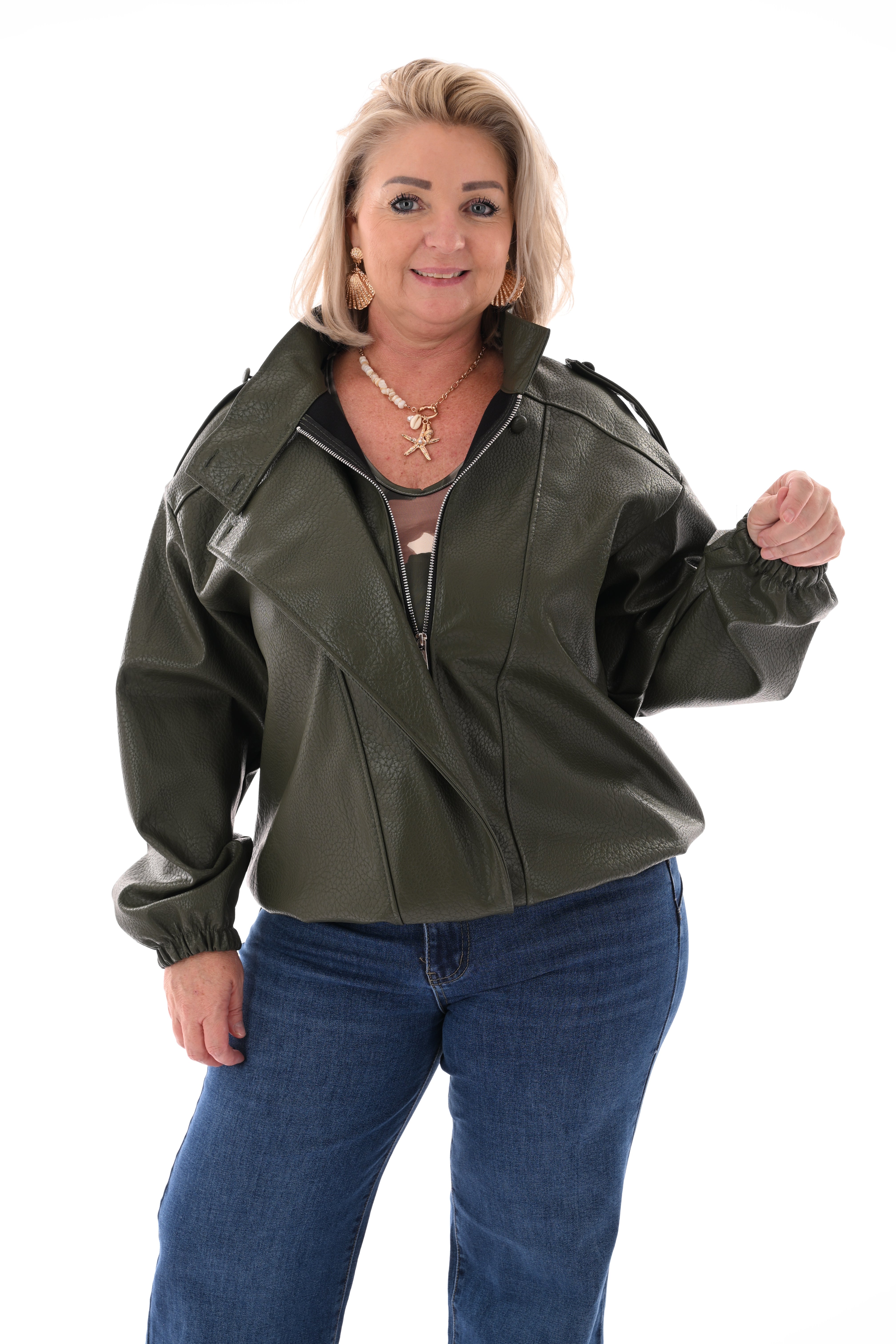 Leather look jasje overslag  olijfgroen