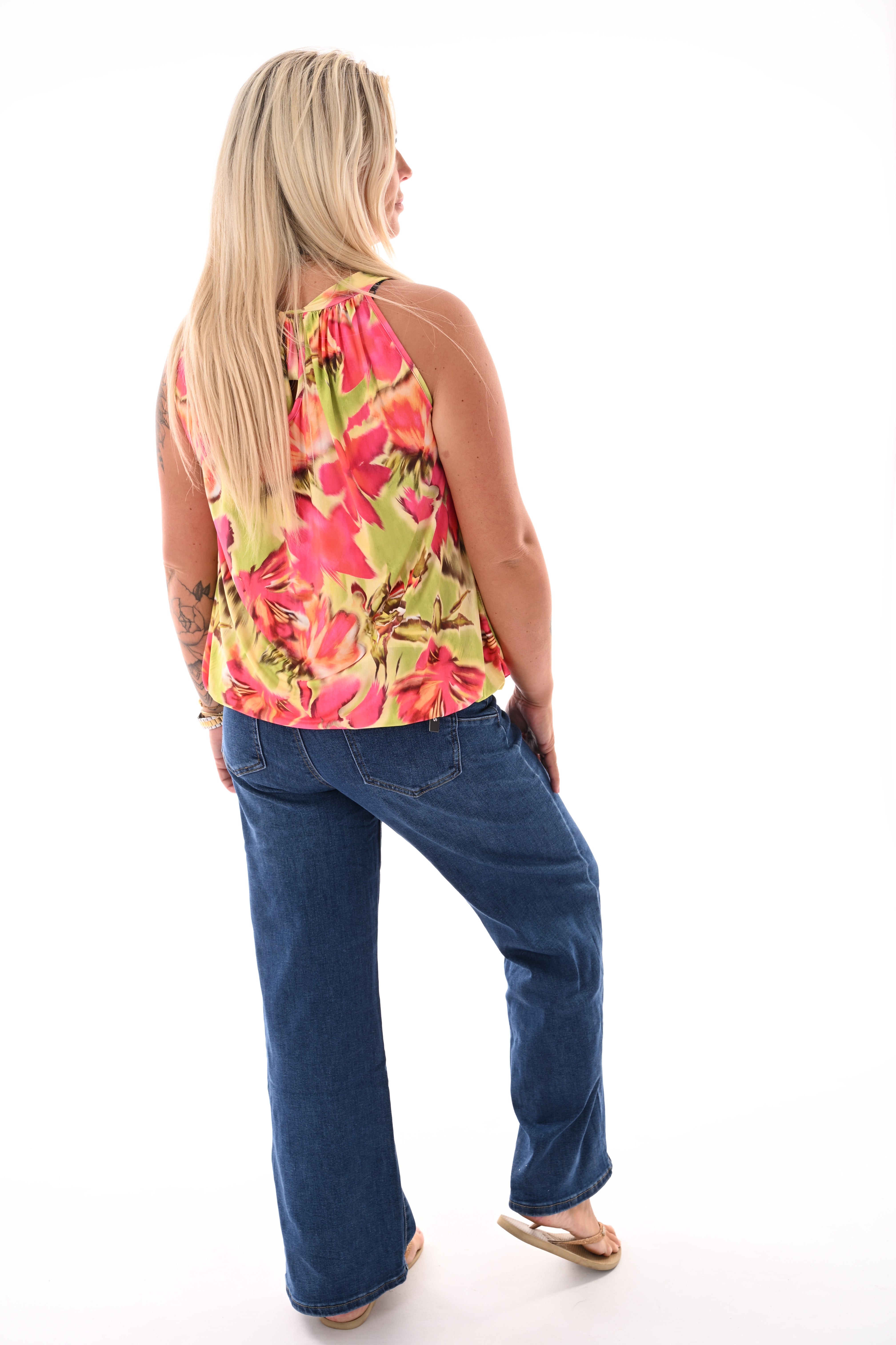 Halter top print bloemen lichtgroen/koraal