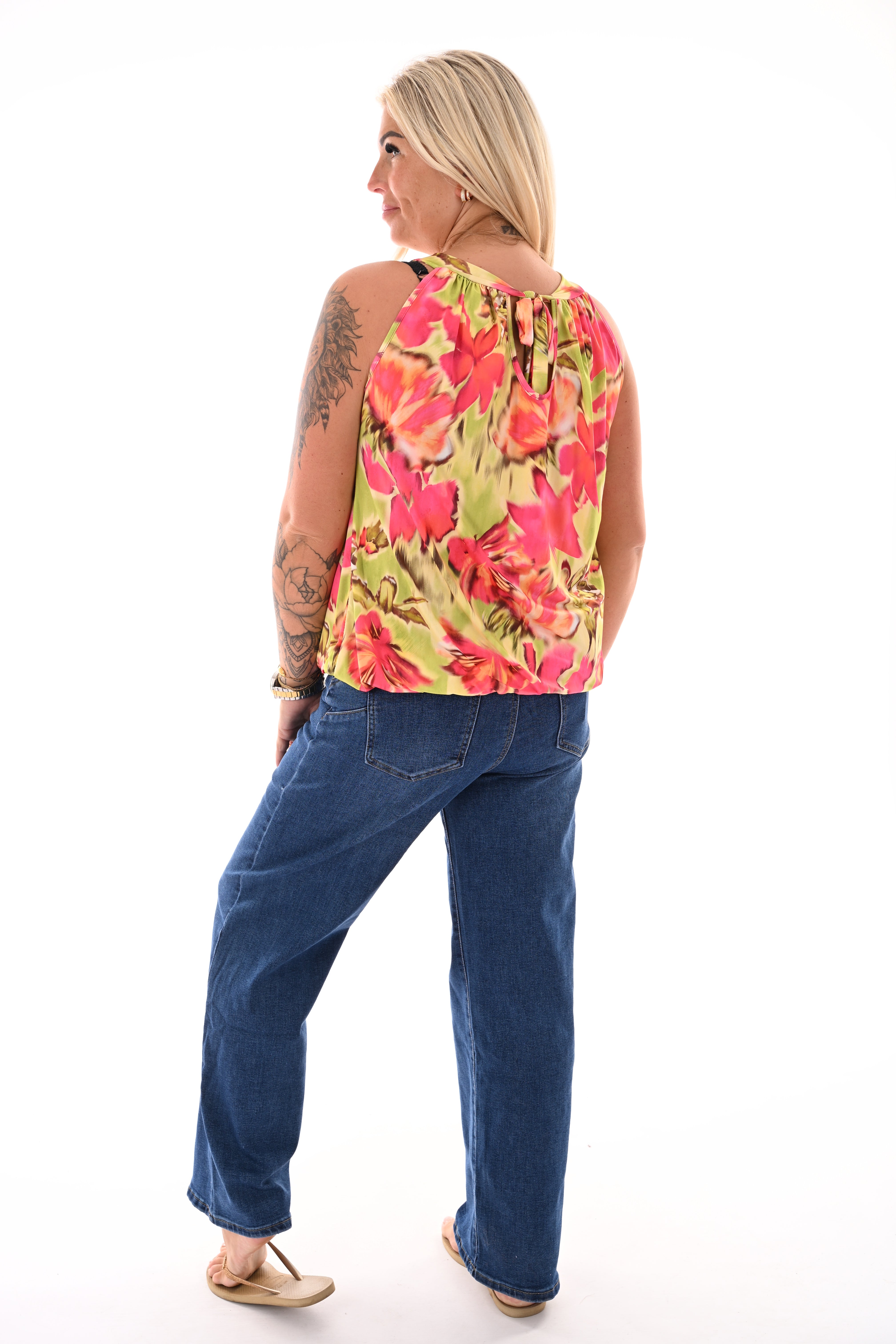 Halter top print bloemen lichtgroen/koraal