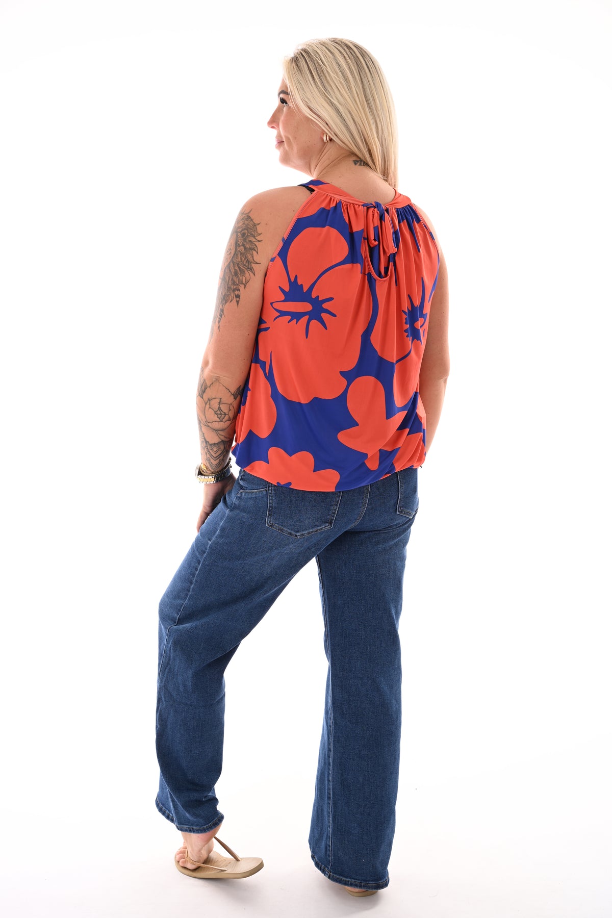 Halter top print bloemen blauw/oranje