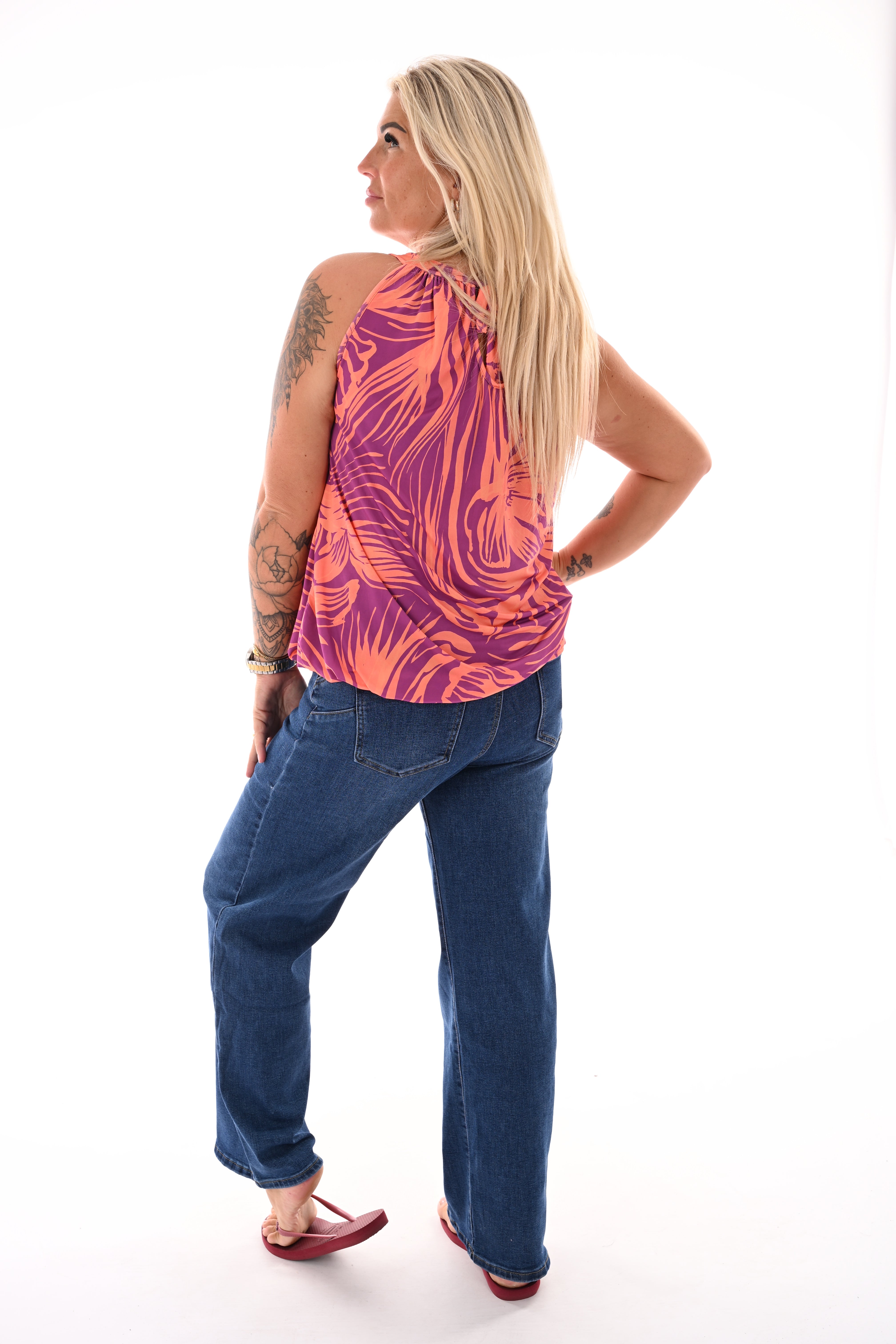 Halter top print bladeren paars/oranje
