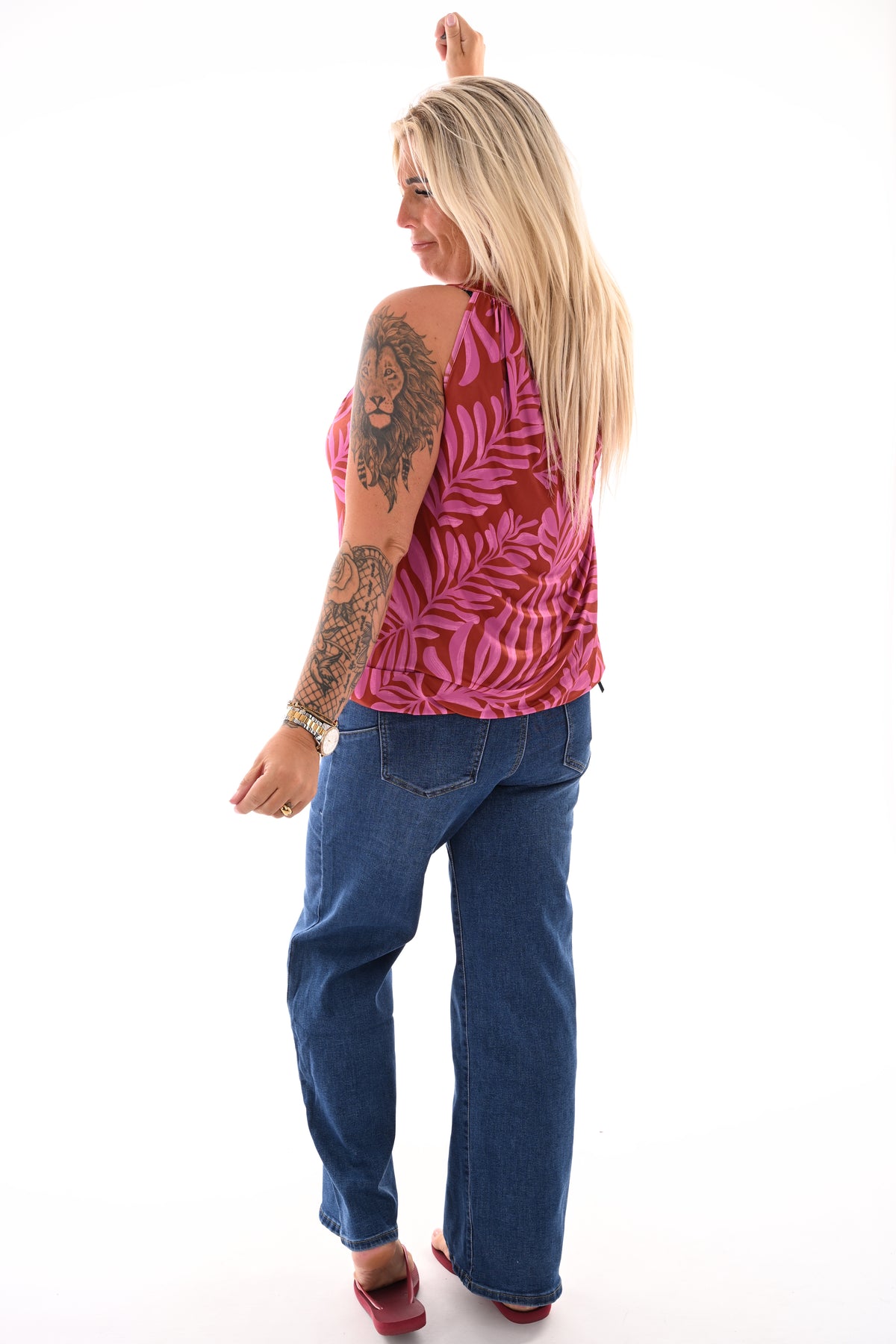 Halter top print bladeren bruin/cyclaam