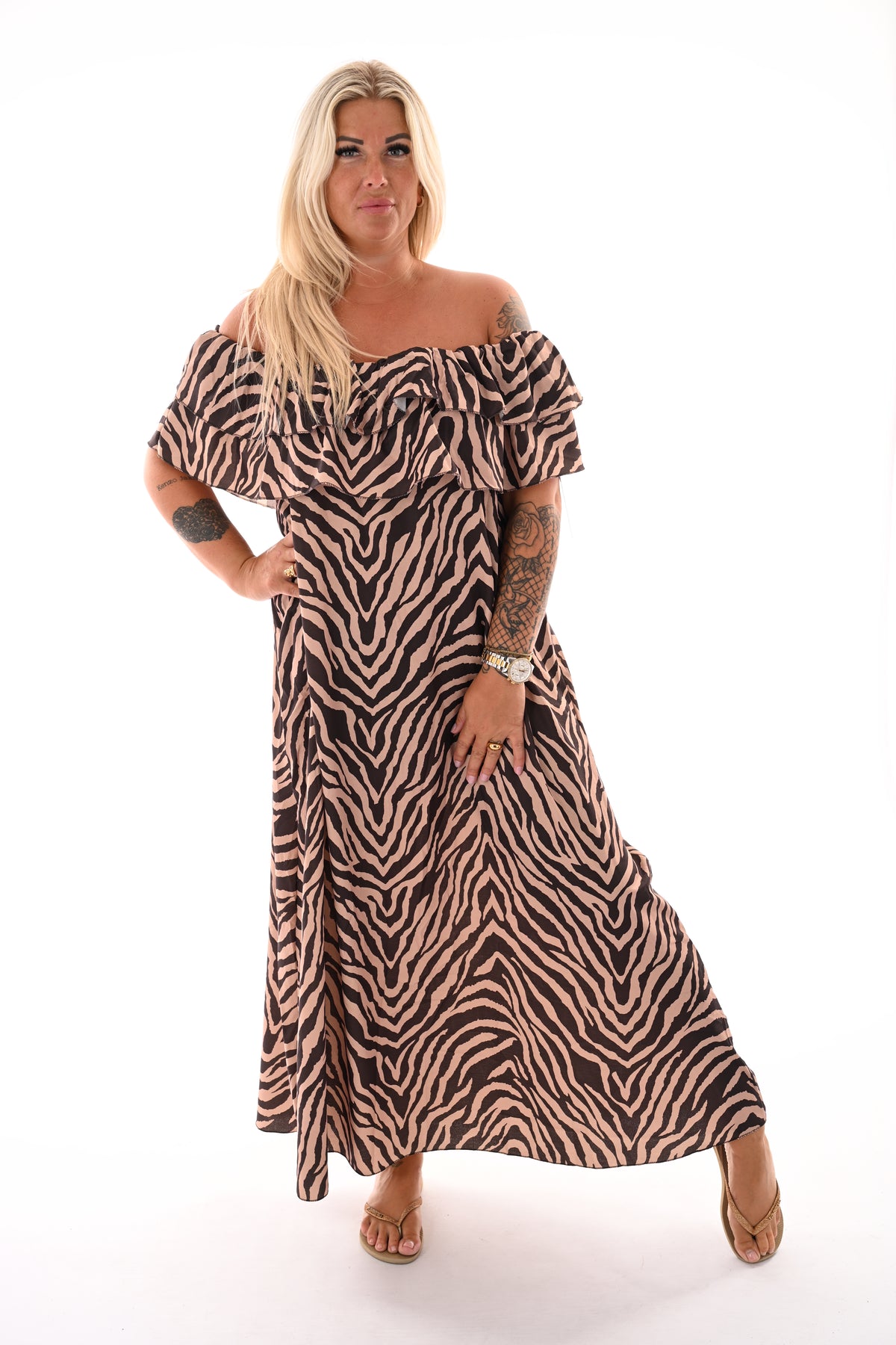 Strapless jurk zebra print donkerbruin/camel