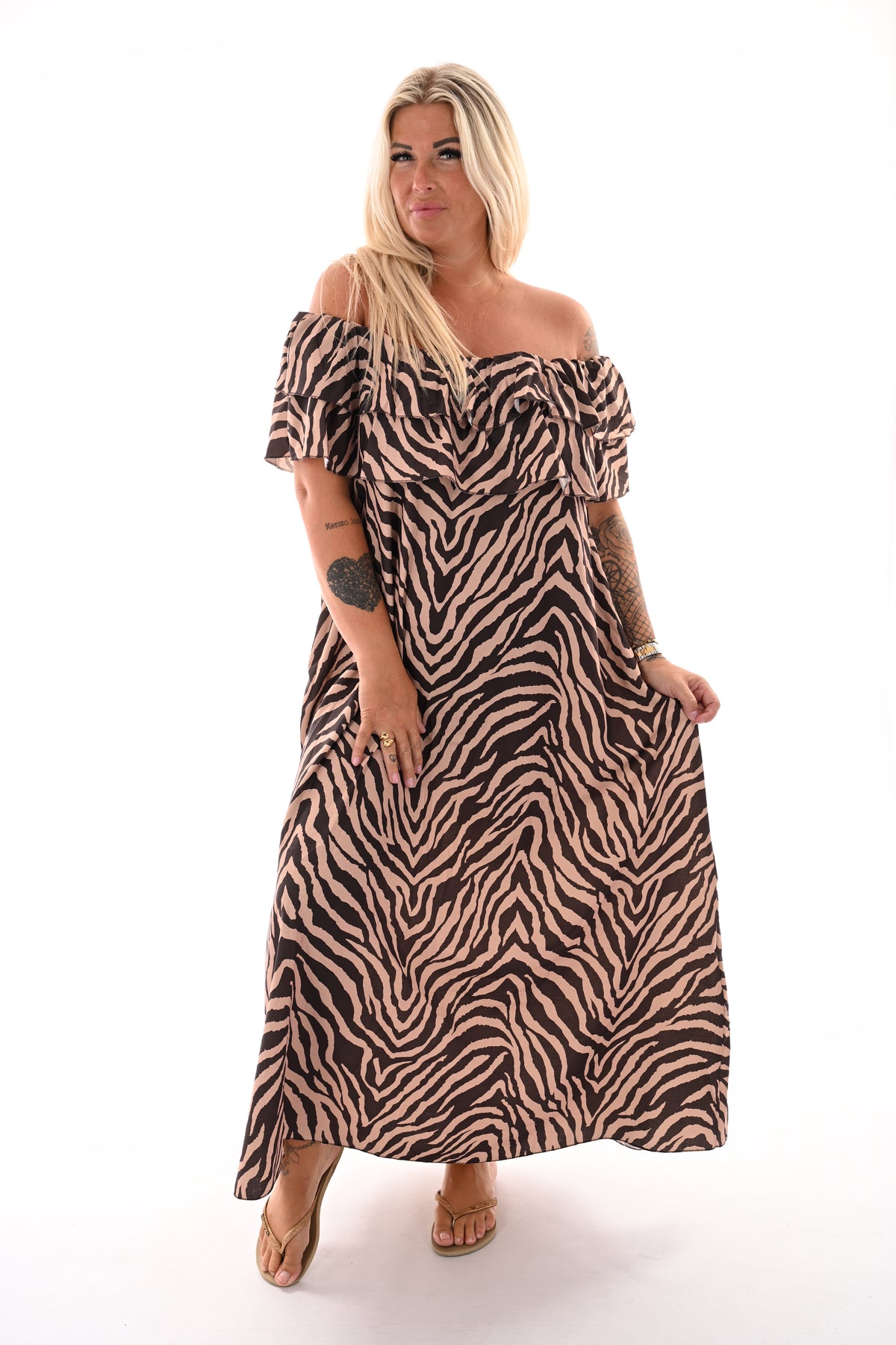 Strapless jurk zebra print donkerbruin/camel