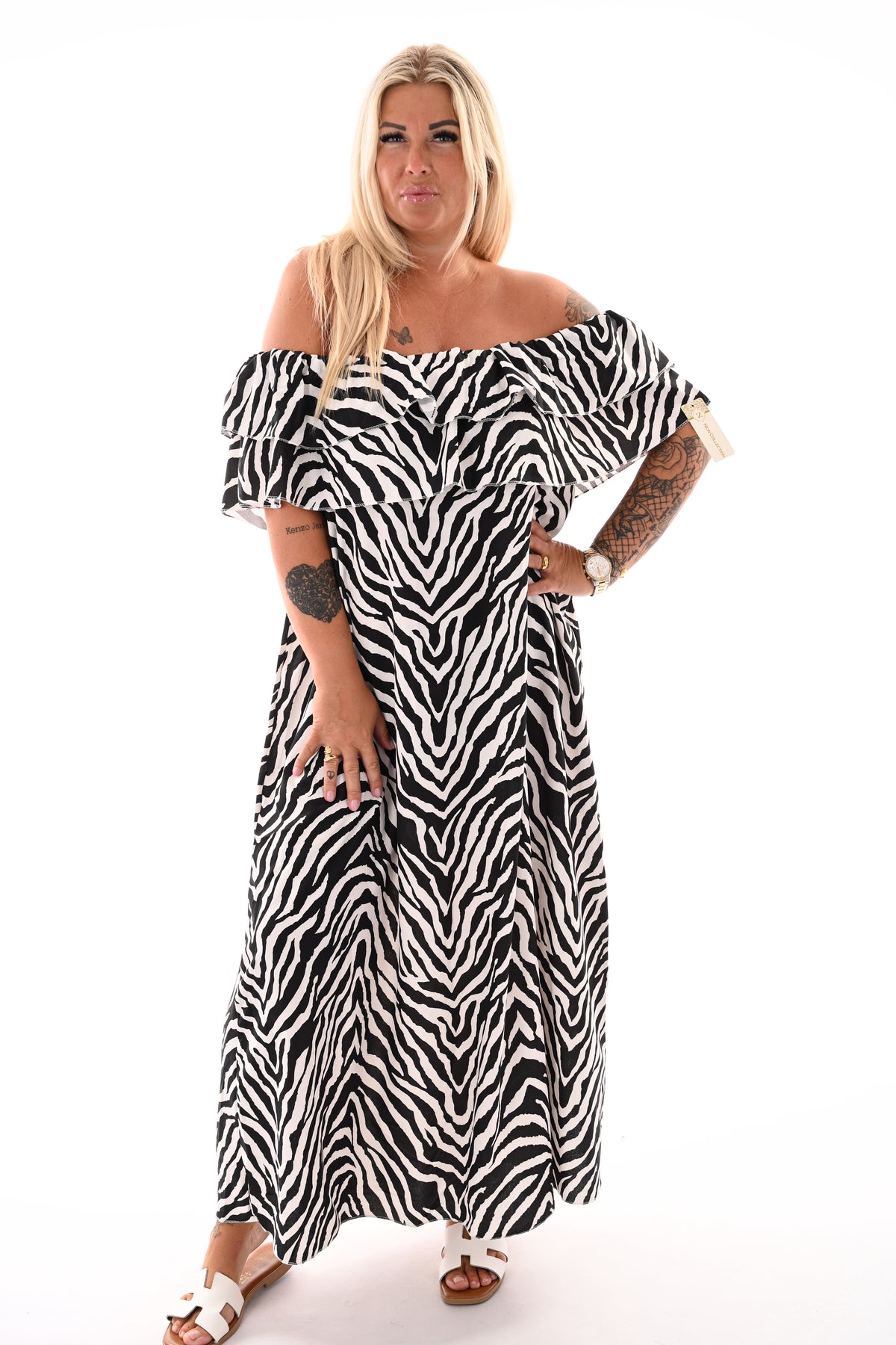 Strapless jurk zebra print zwart/roomwit