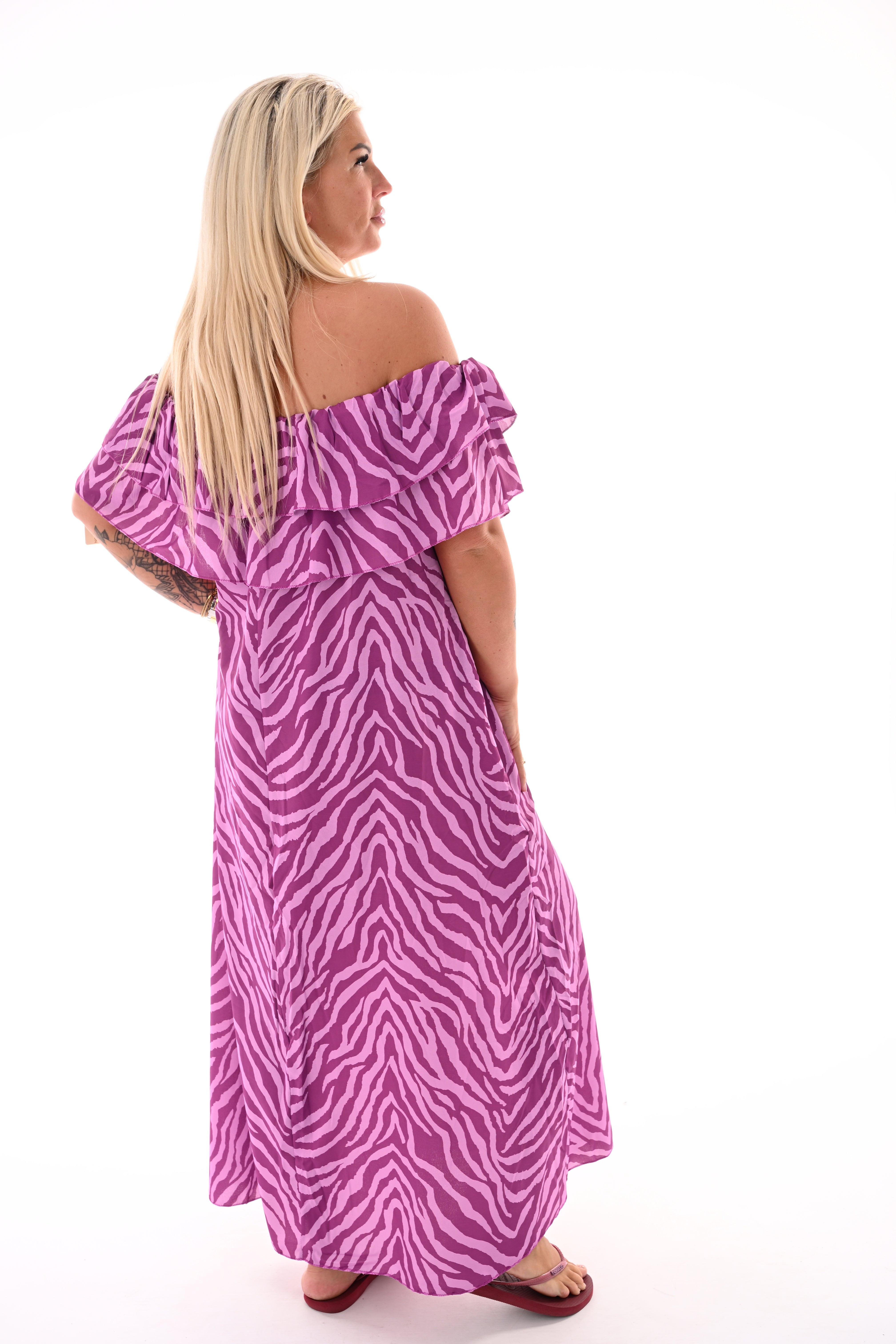 Strapless jurk zebra print cyclaam/lila