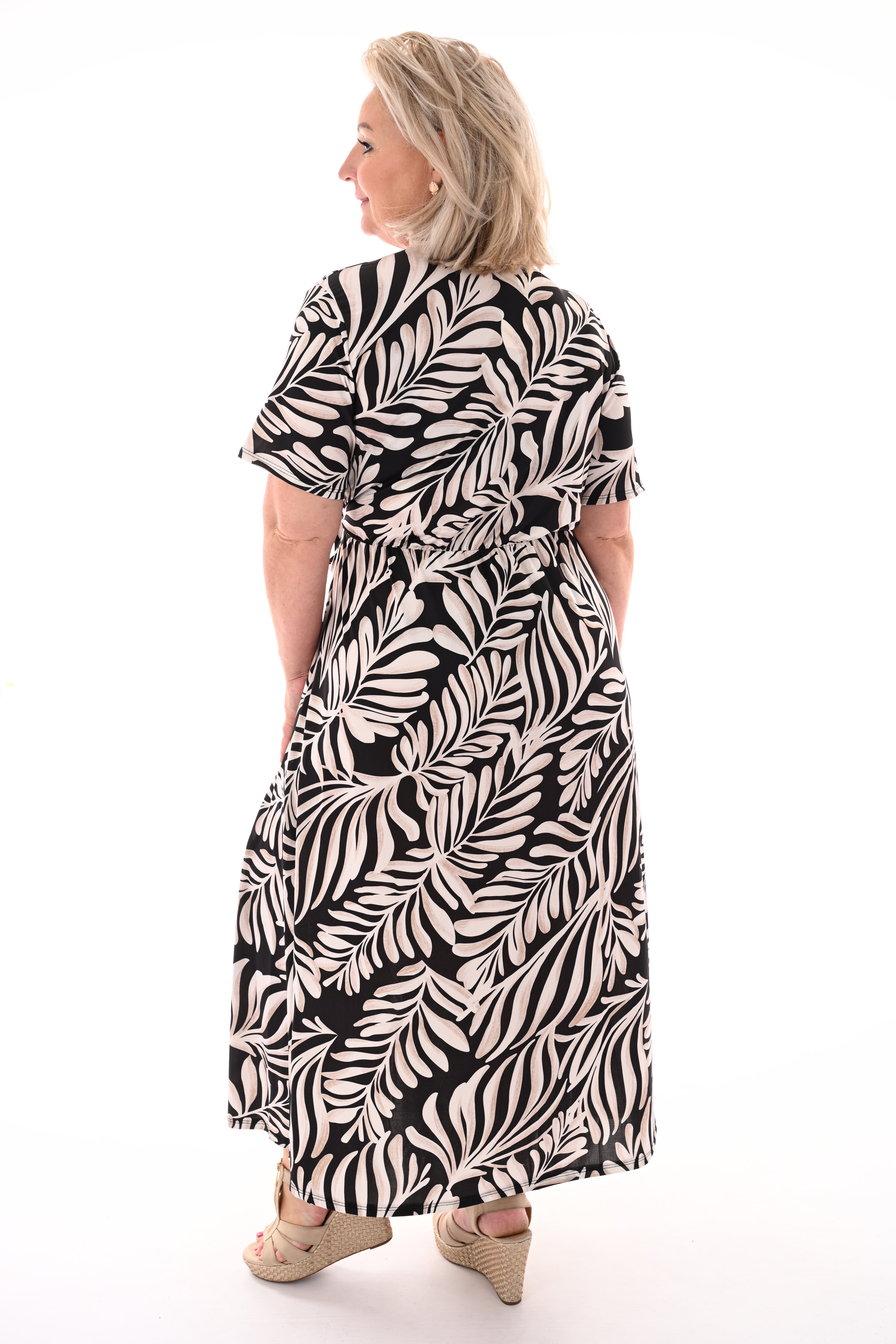 Lange jurk met strik print bladeren zwart/beige