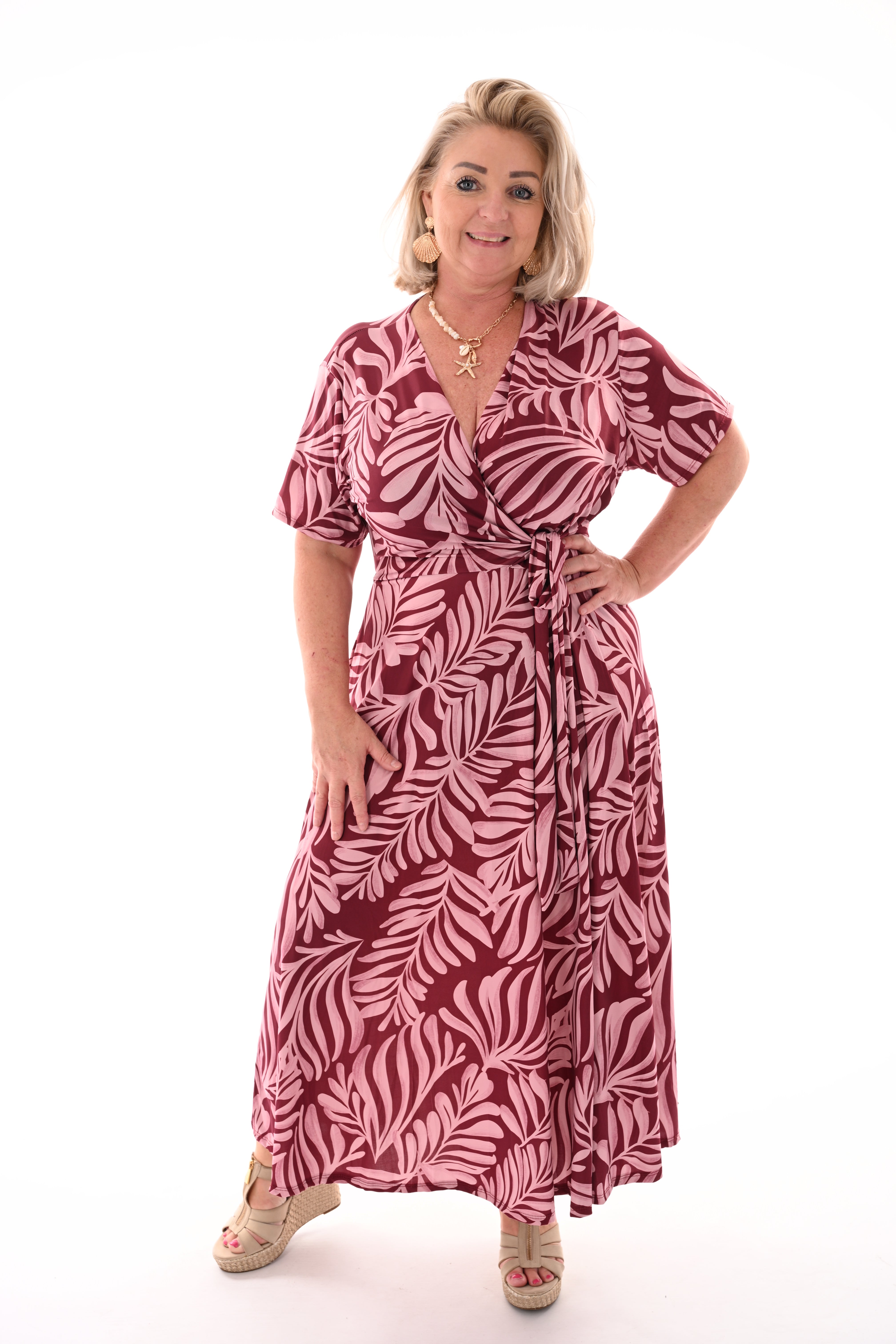 Lange jurk met strik print bladeren bordeaux/lichtroze