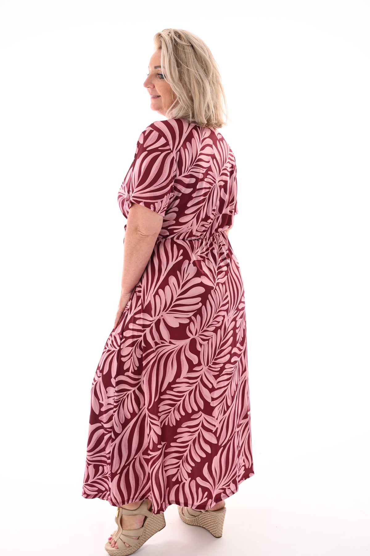 Lange jurk met strik print bladeren bordeaux/lichtroze
