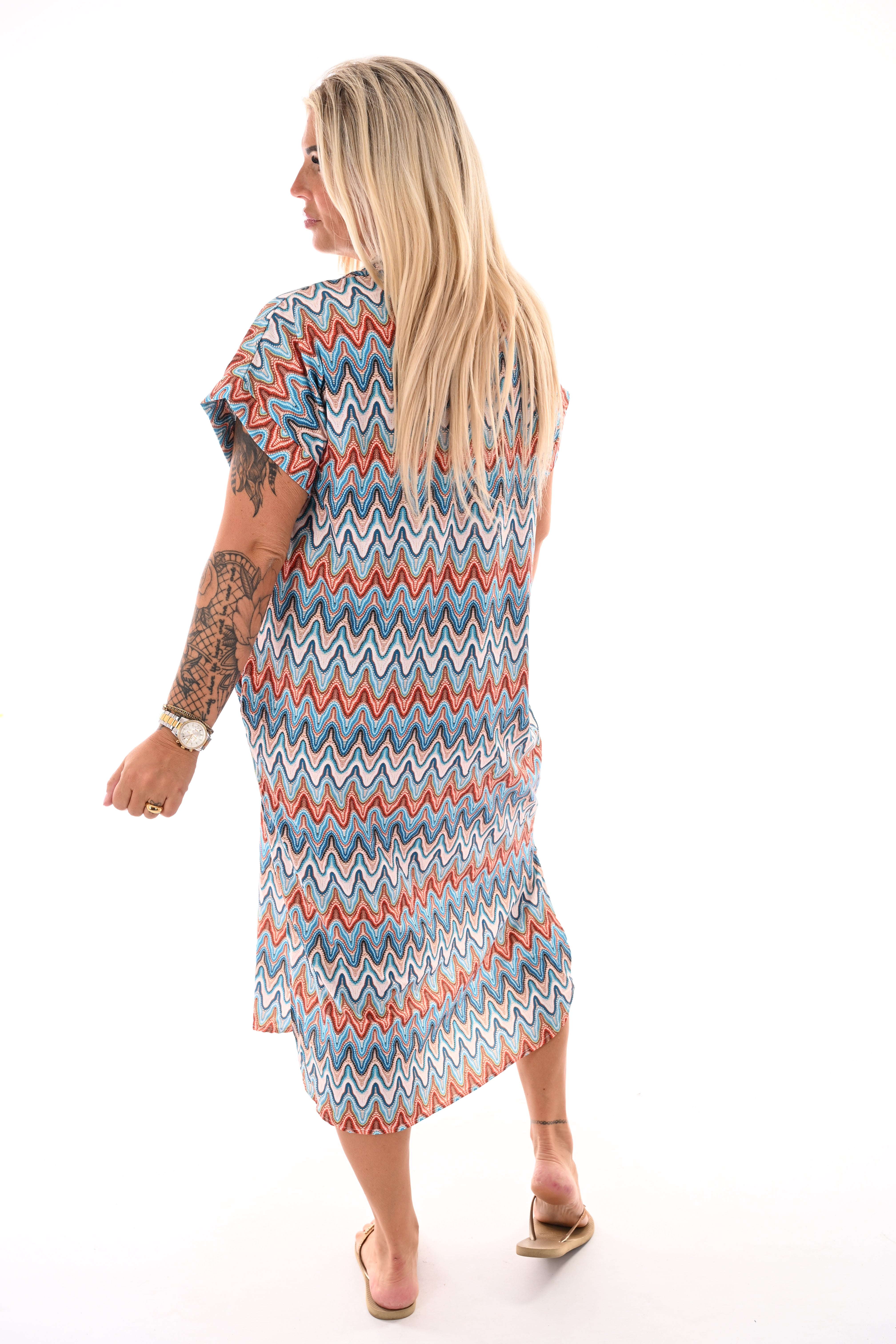 Jurk met zakken print blauw/oranje