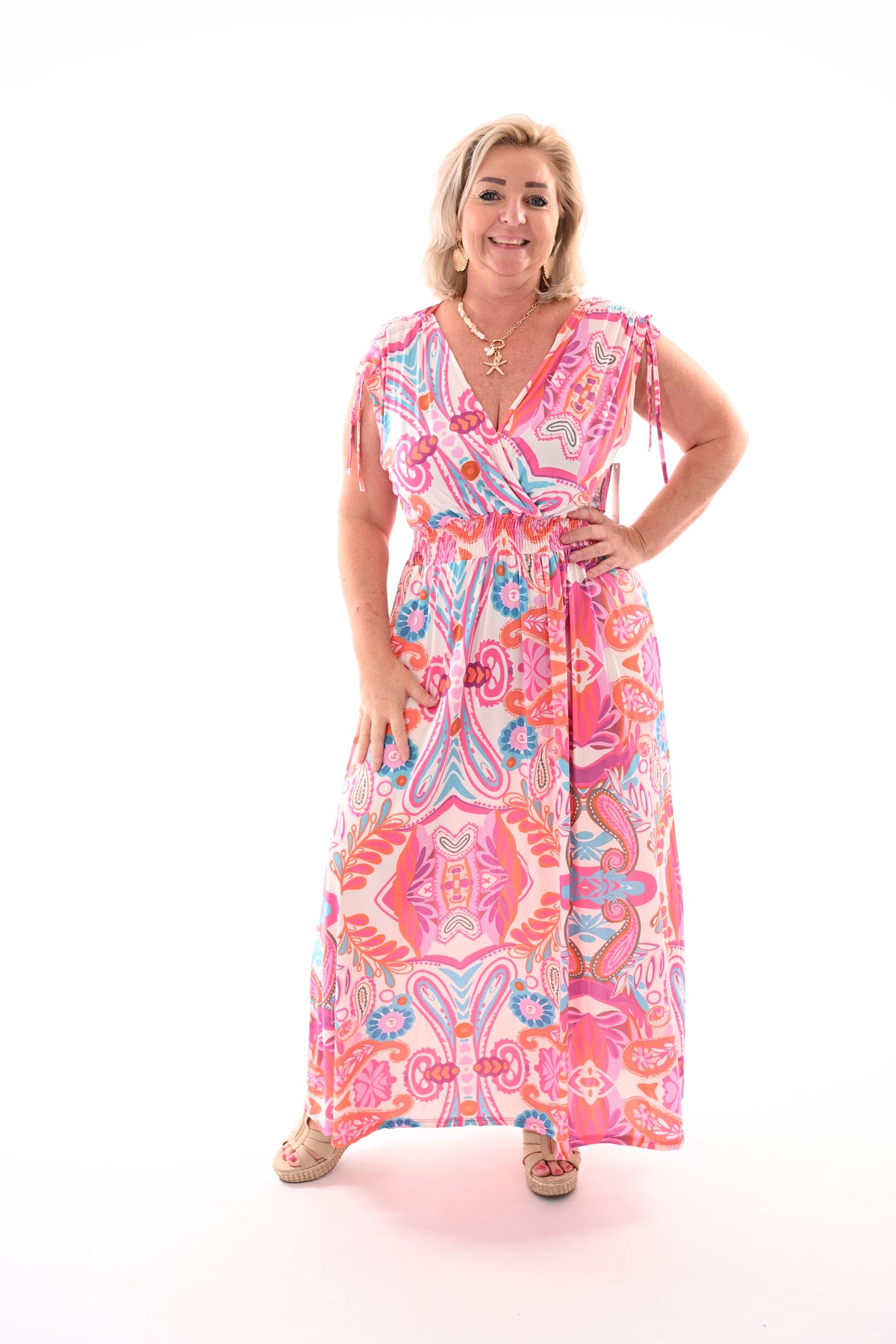 Lange jurk magic print bladeren wit/roze