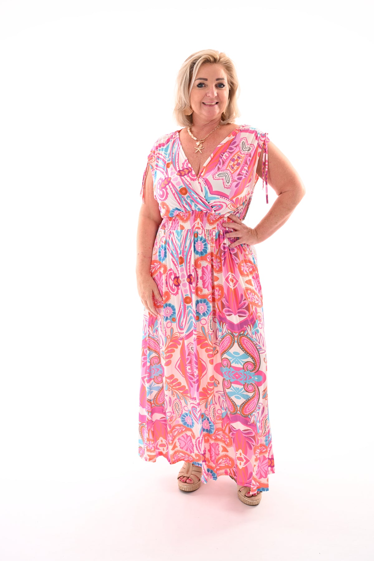 Lange jurk magic print bladeren wit/roze