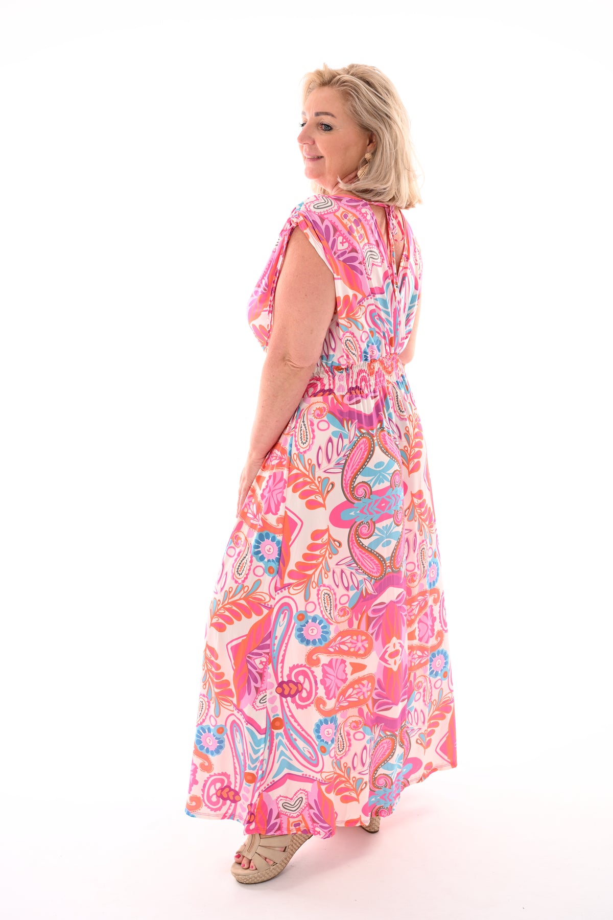 Lange jurk magic print bladeren wit/roze