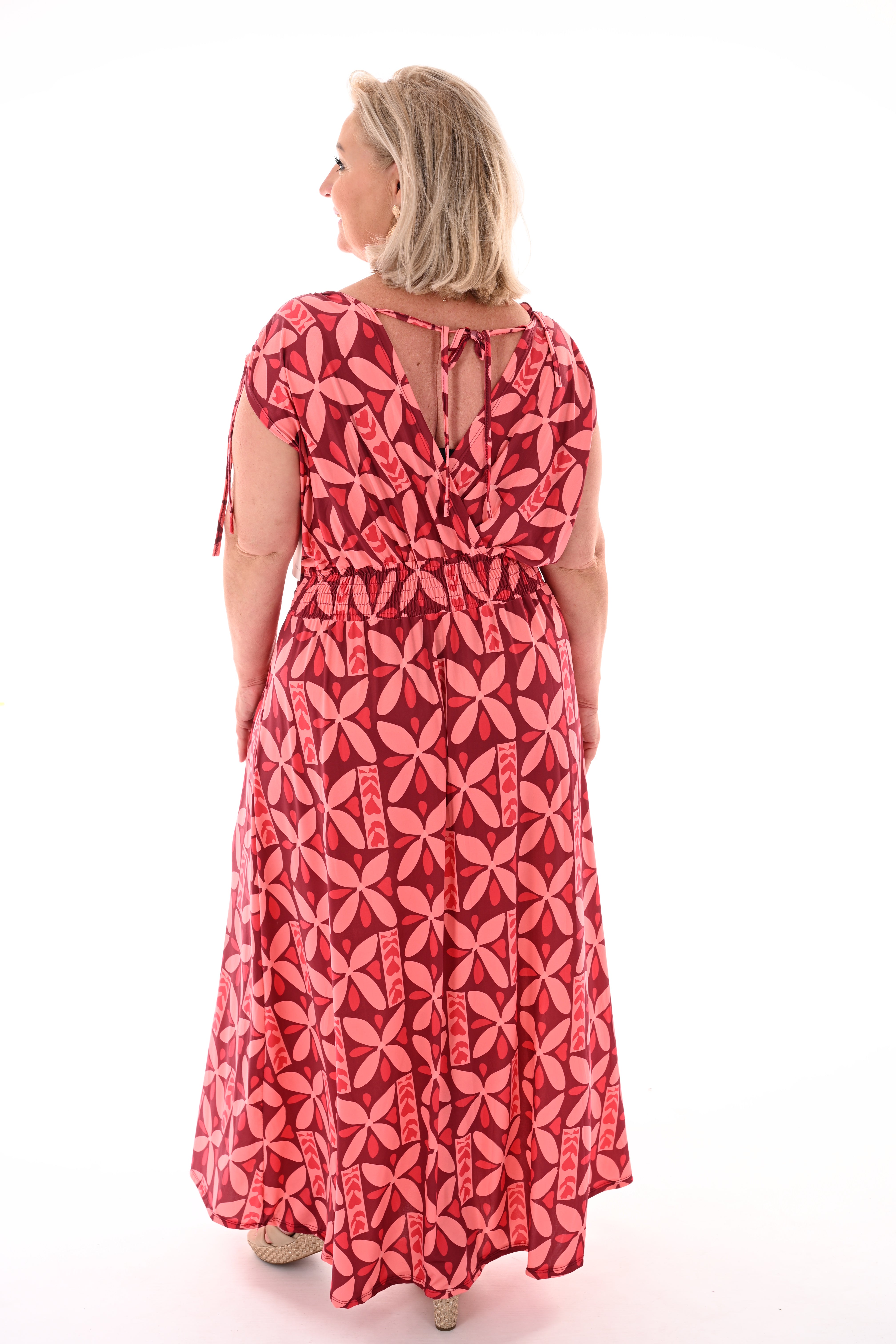 Lange jurk magic print bloemen bordeaux/lichtroze