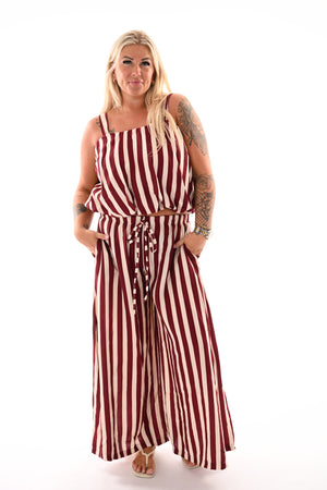 Tweedelig set korte ballontop strepen bordeaux/creme