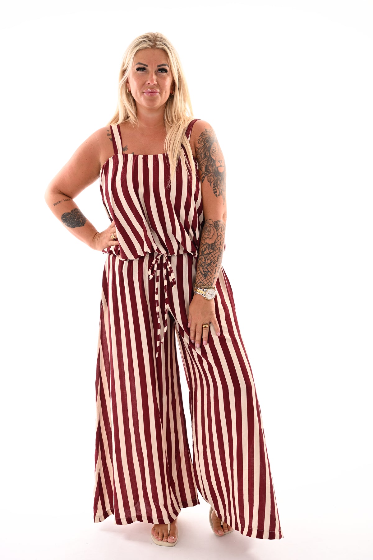 Tweedelig set korte ballontop strepen bordeaux/creme