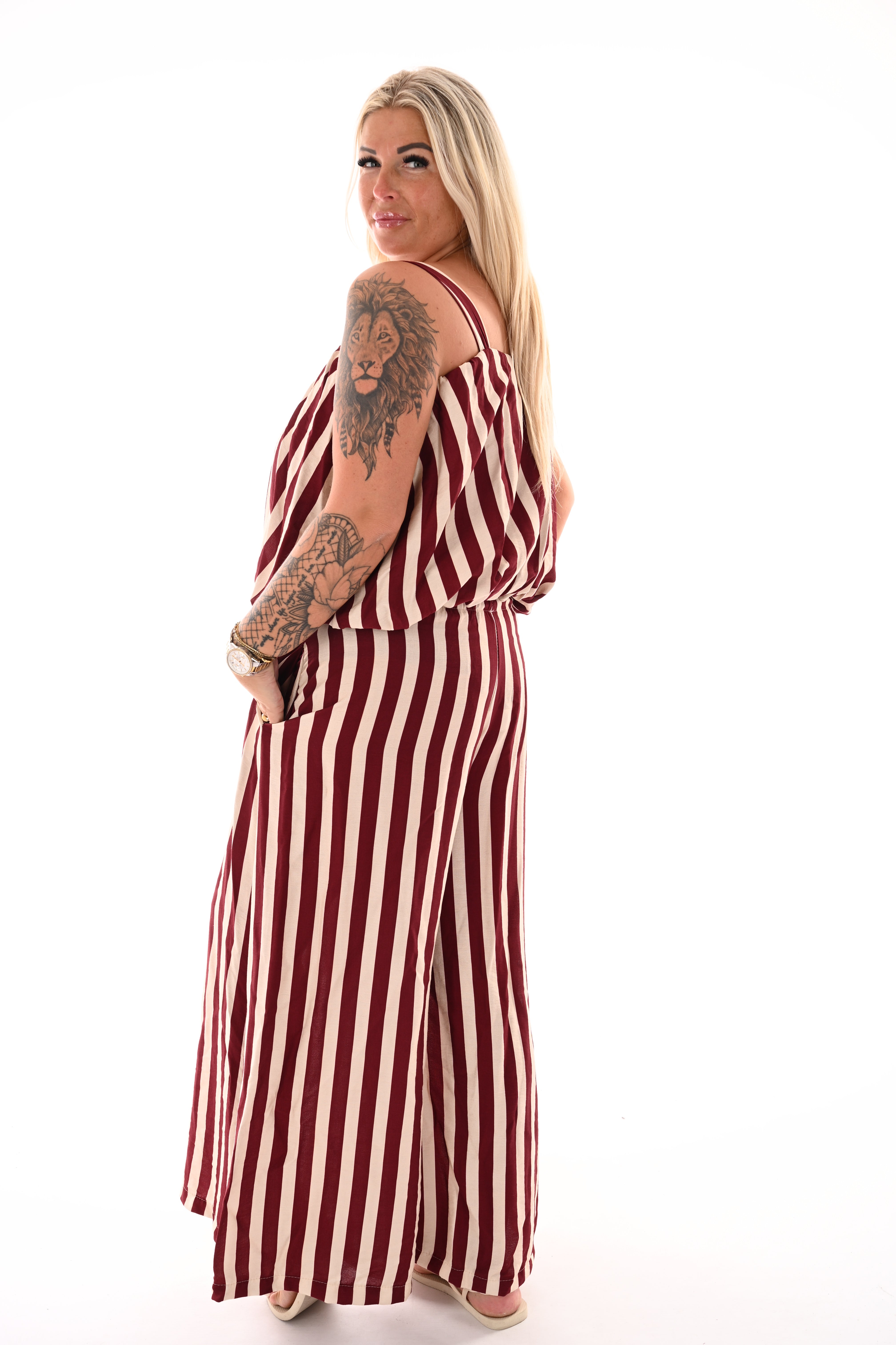 Tweedelig set korte ballontop strepen bordeaux/creme