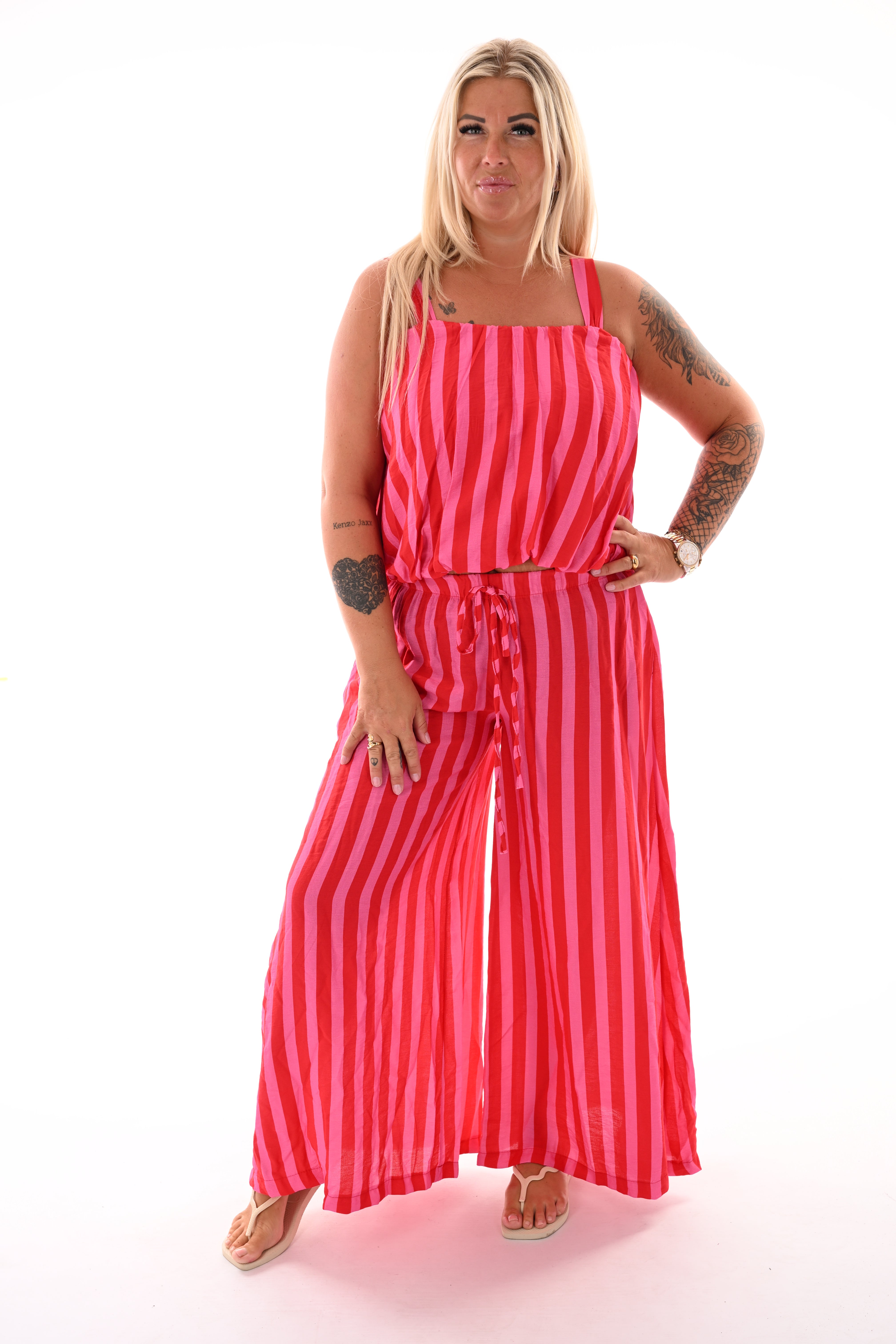 Tweedelig set korte ballontop strepen rood/roze