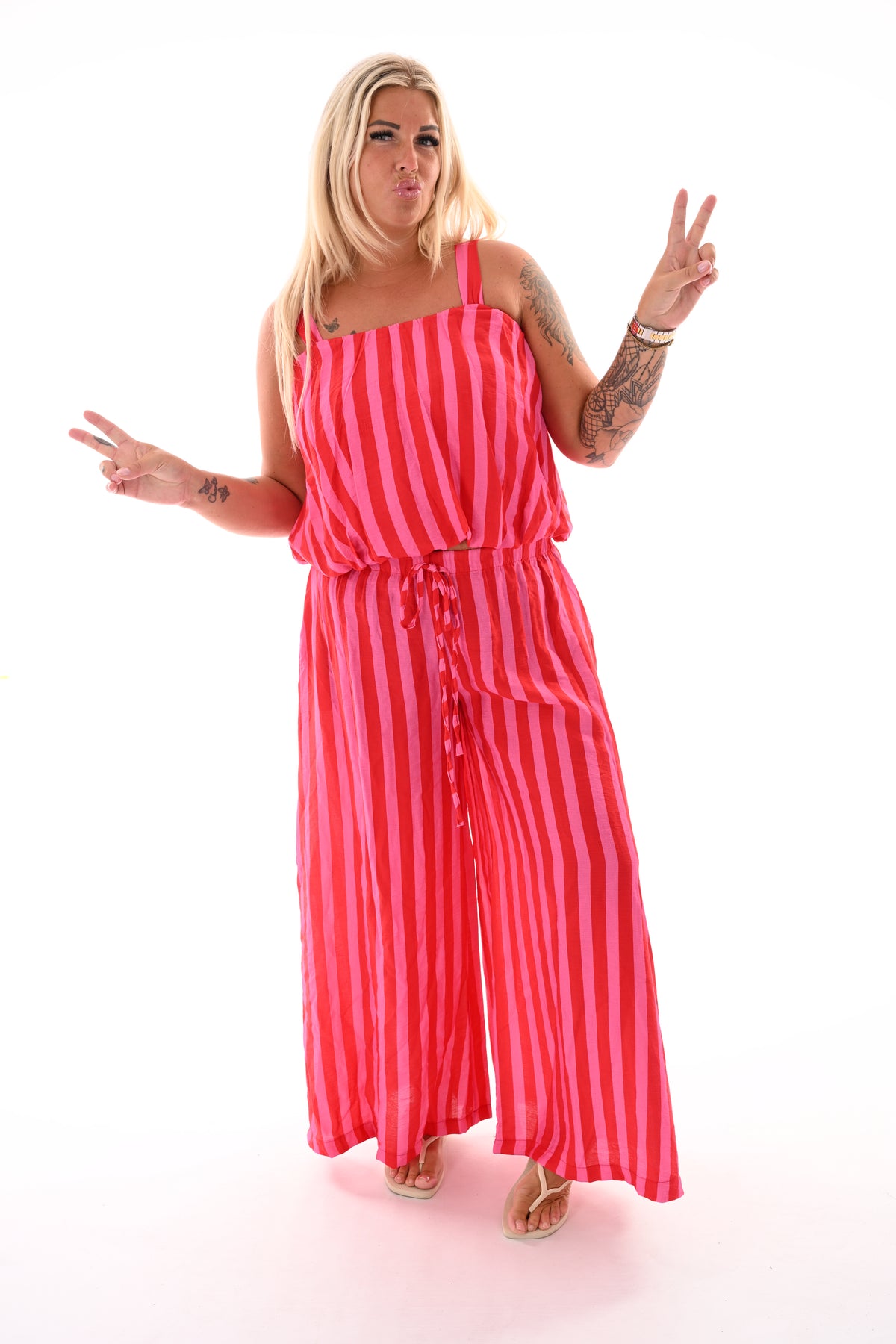 Tweedelig set korte ballontop strepen rood/roze