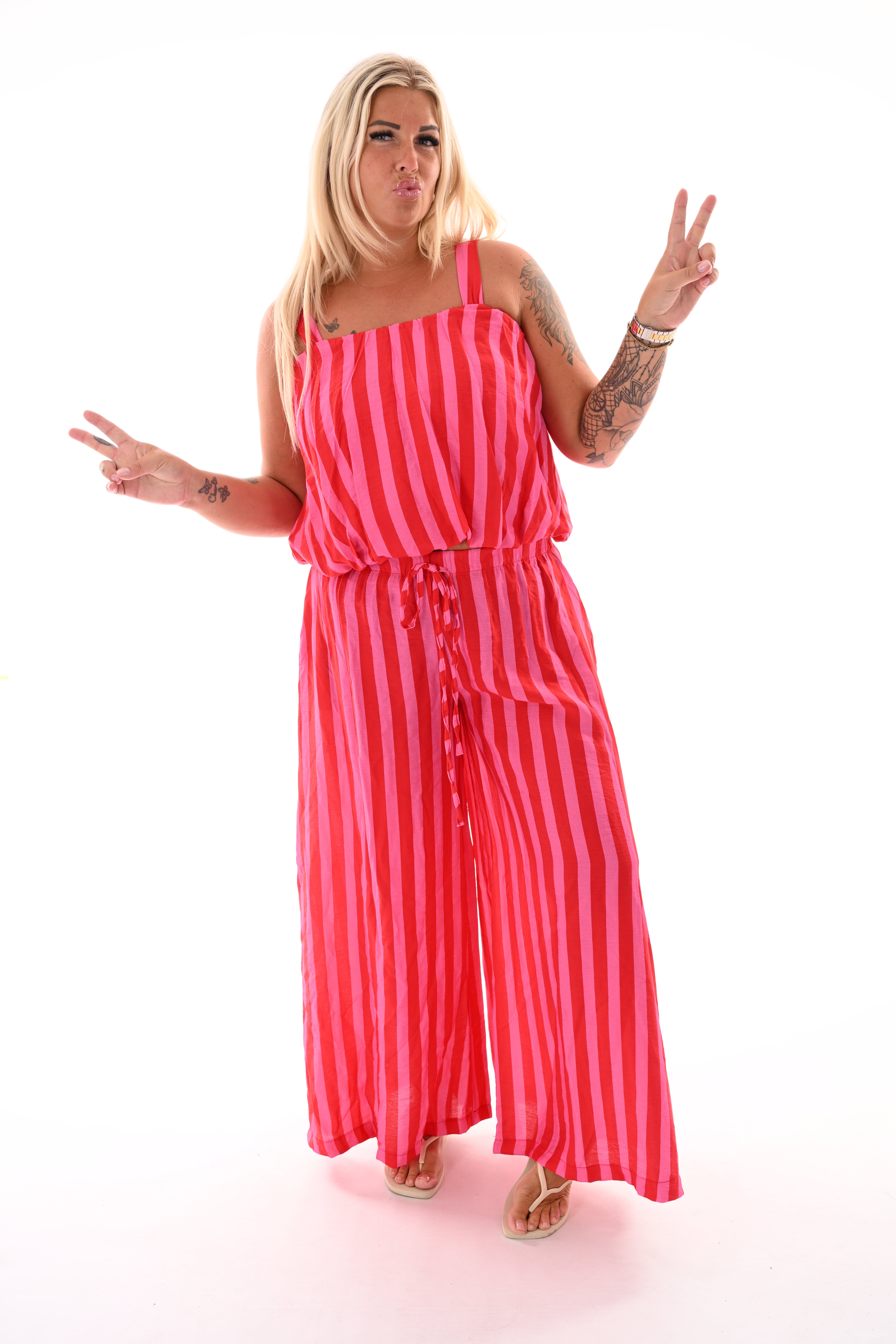 Tweedelig set korte ballontop strepen rood/roze