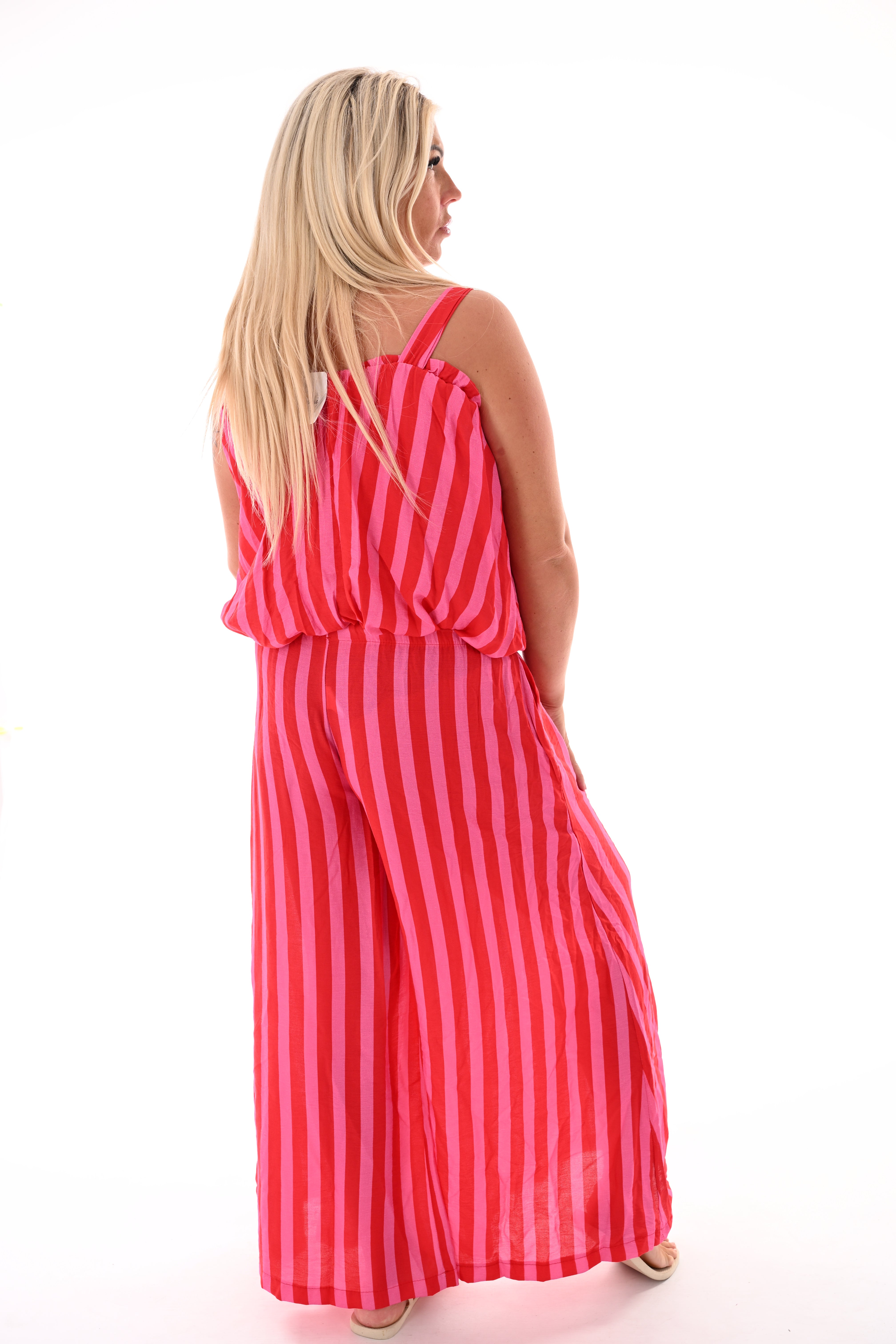 Tweedelig set korte ballontop strepen rood/roze