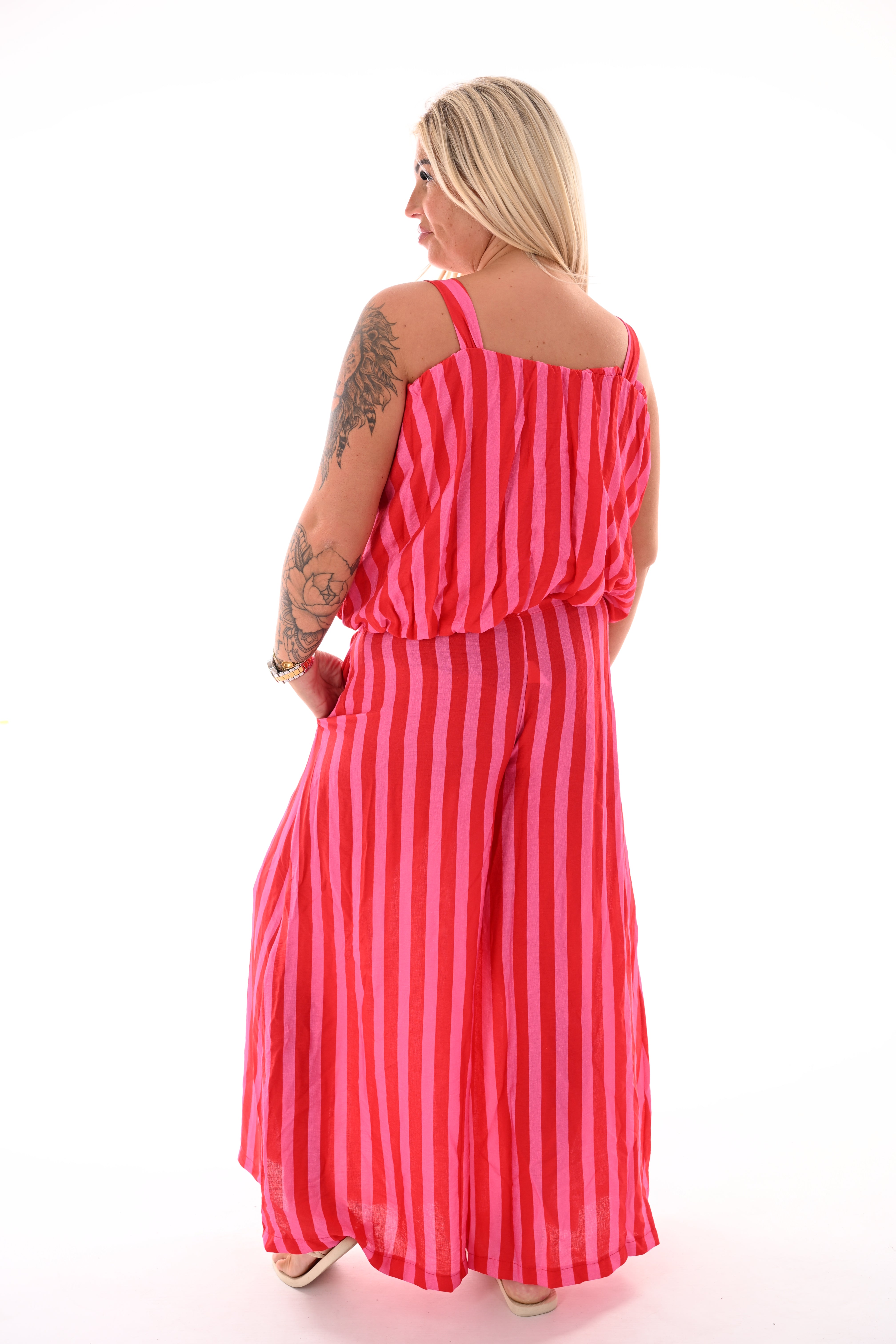 Tweedelig set korte ballontop strepen rood/roze