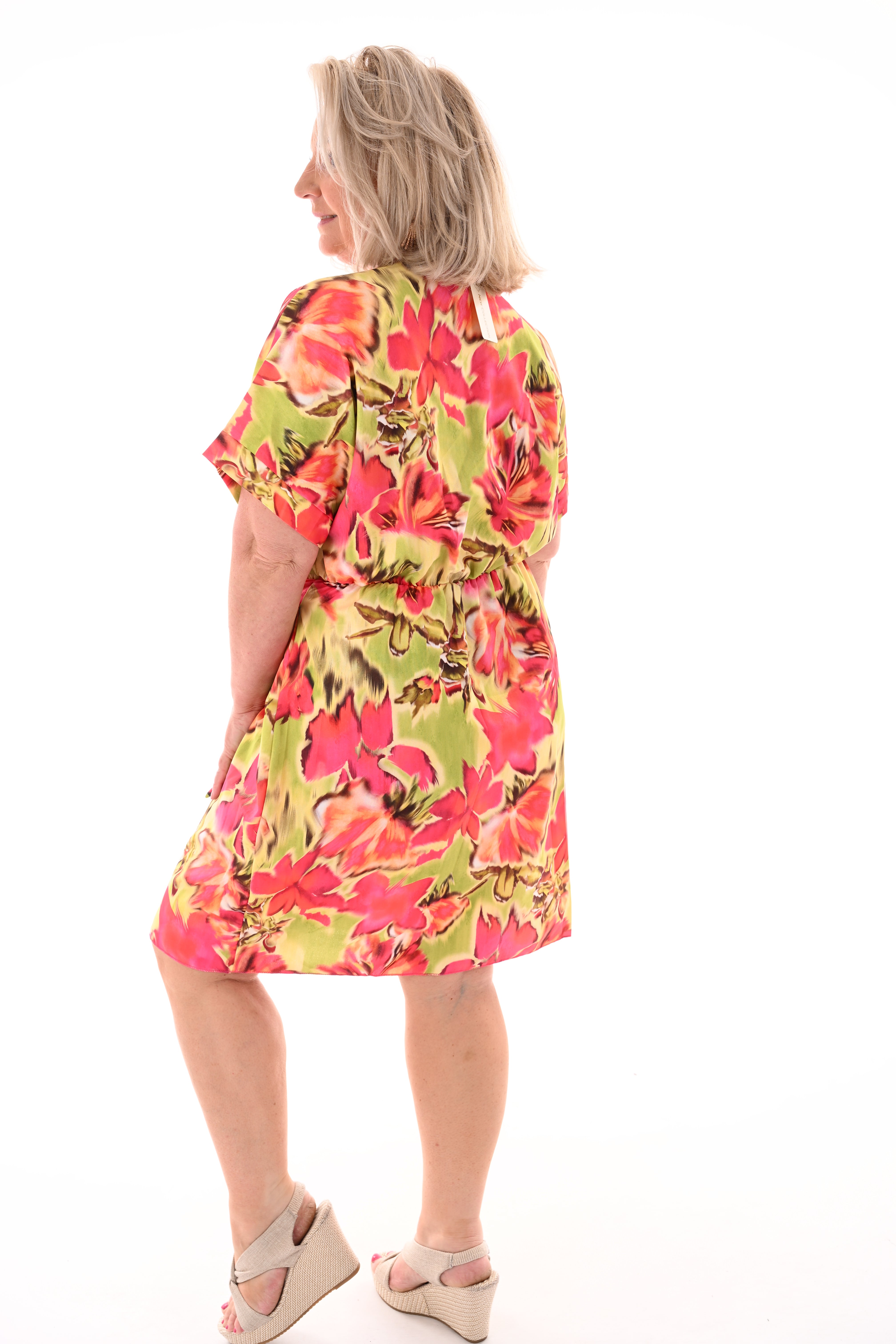 Korte overslag jurk print bloemen lime/fuchsia