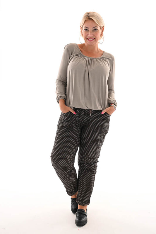 Stretchbroek print geruit taupe