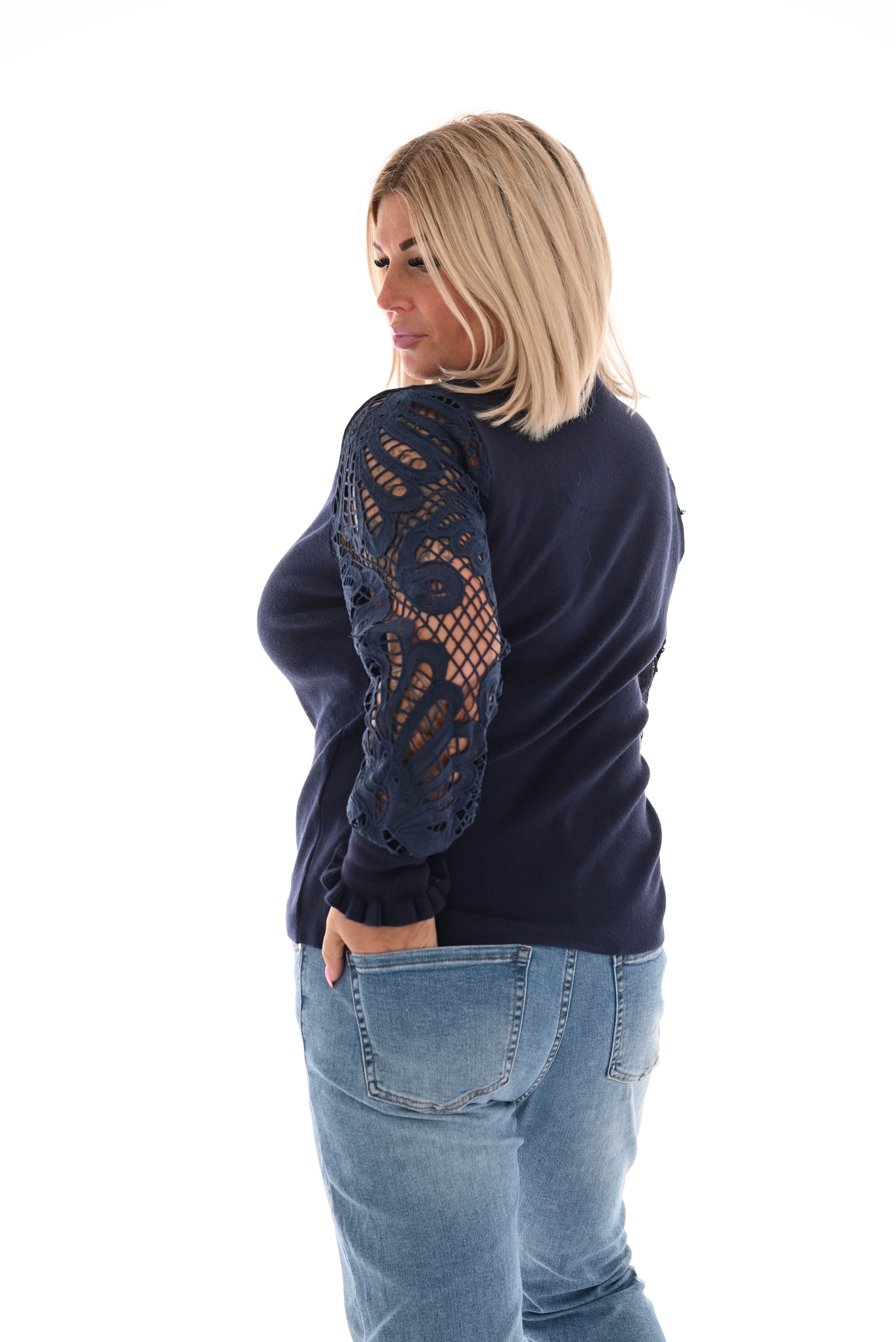 Trui met broderie mouwen marineblauw