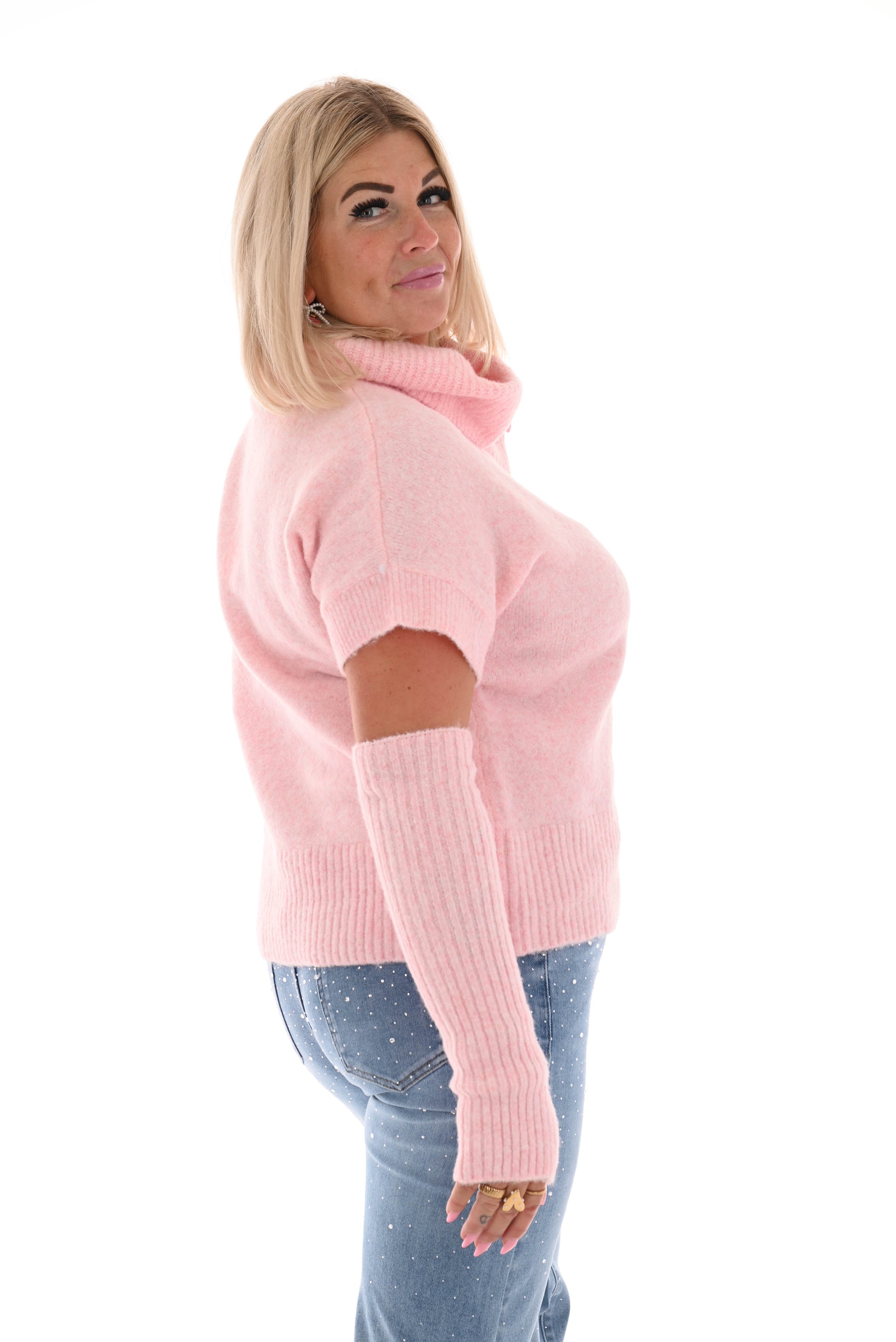 Knitted top met col korte mouwen lichtroze