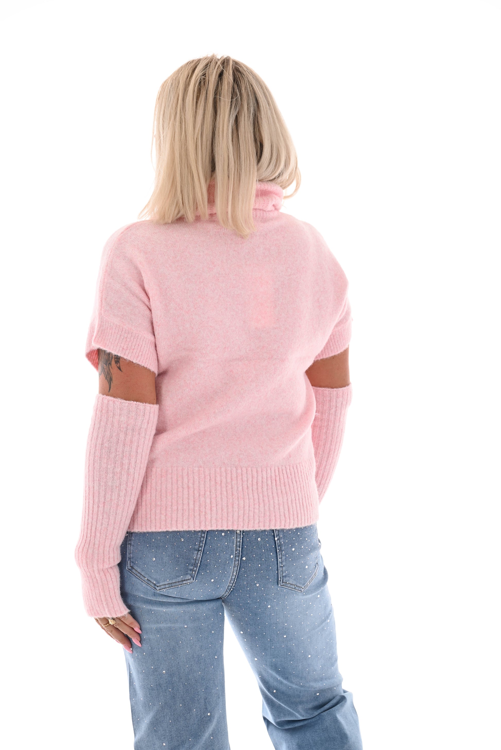 Knitted top met col korte mouwen lichtroze