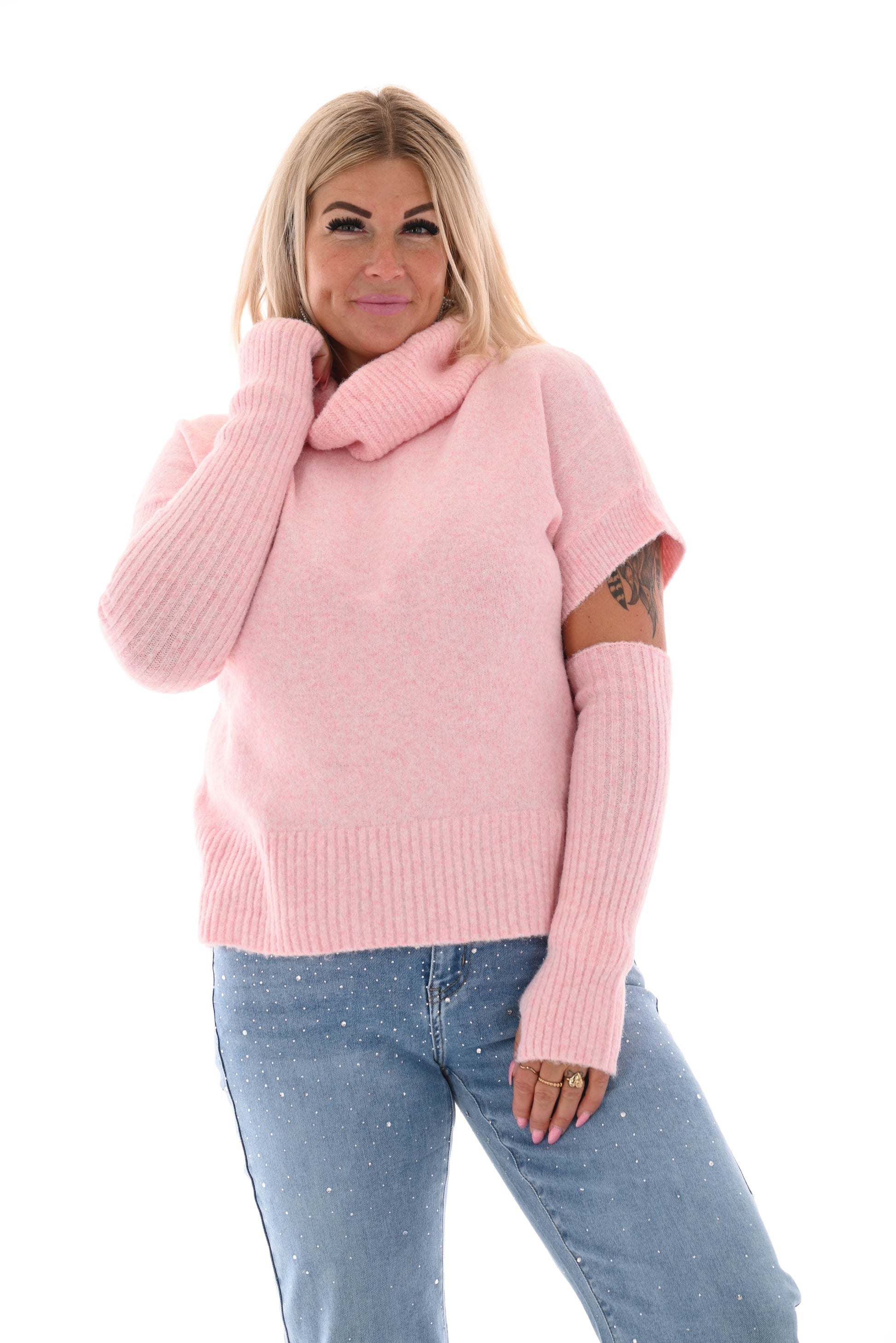 Knitted top met col korte mouwen lichtroze