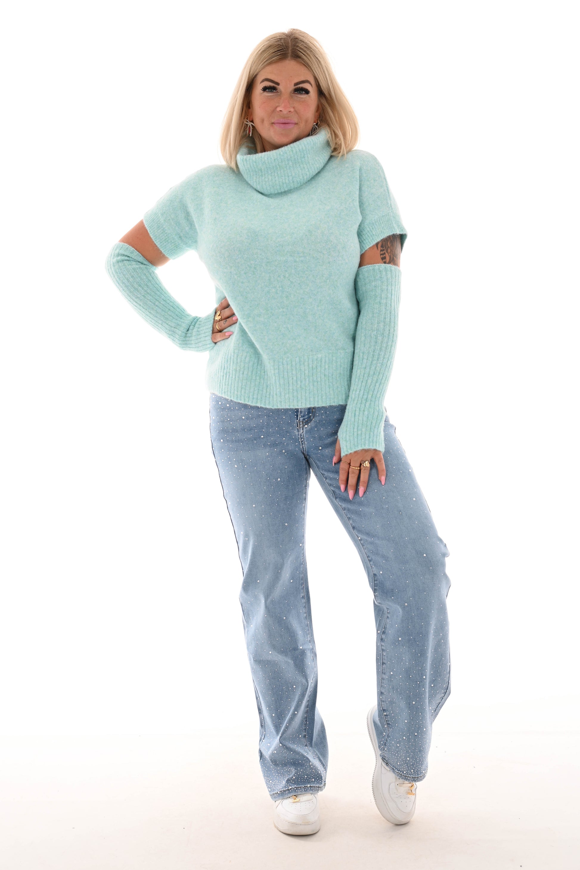 Knitted top met col korte mouwen lichtblauw