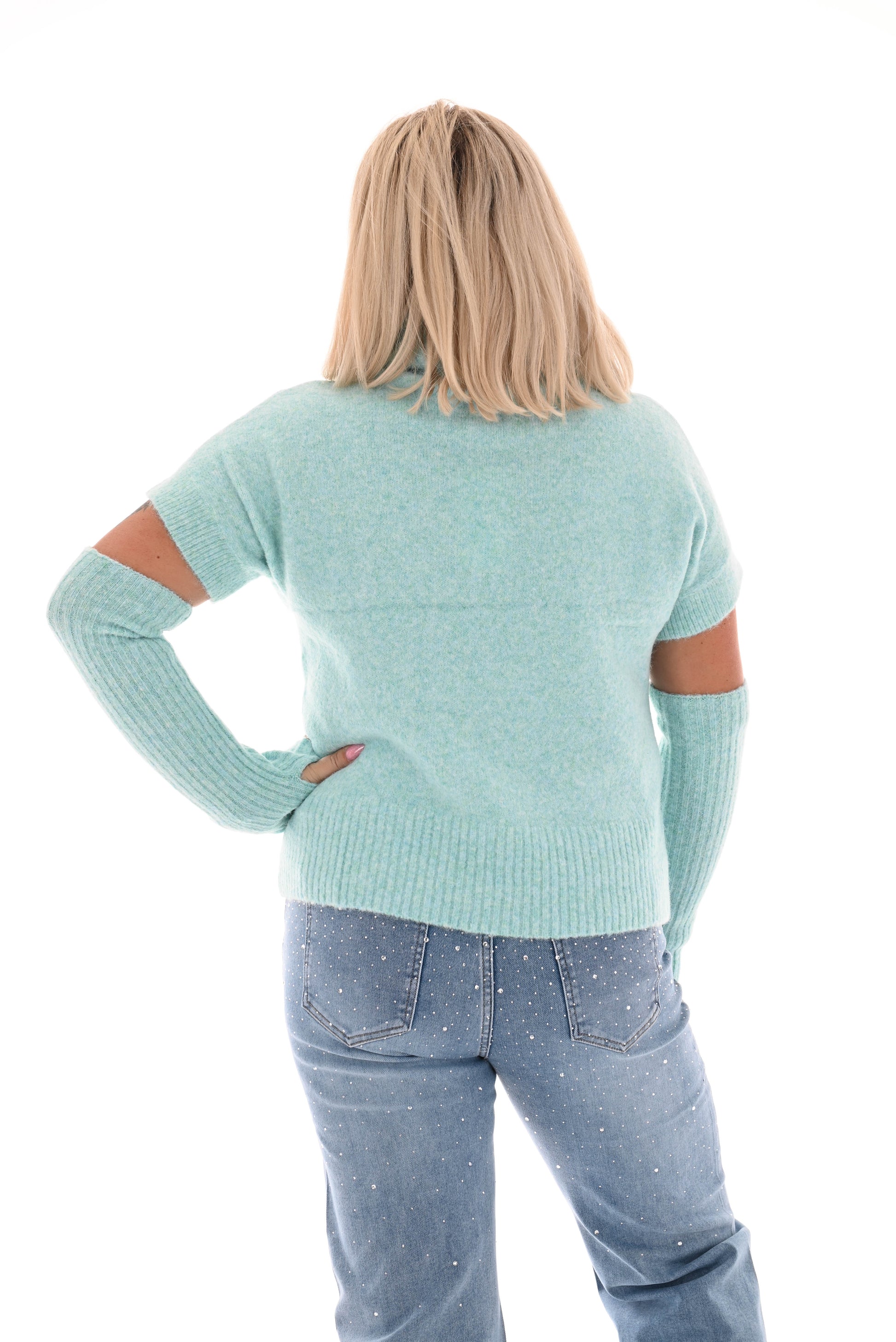 Knitted top met col korte mouwen lichtblauw