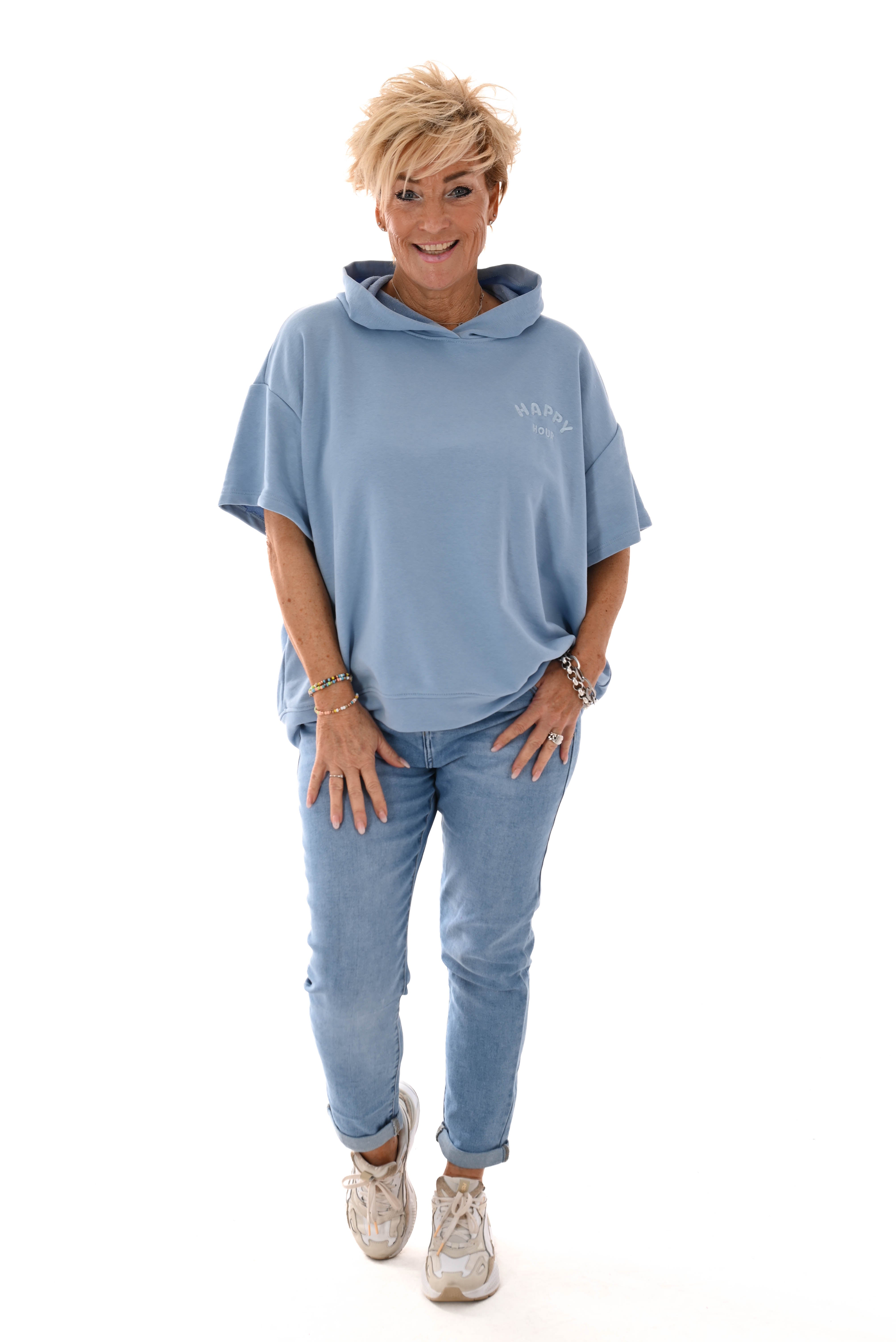 Sweater korte mouwen met capuchon happy hour blauw