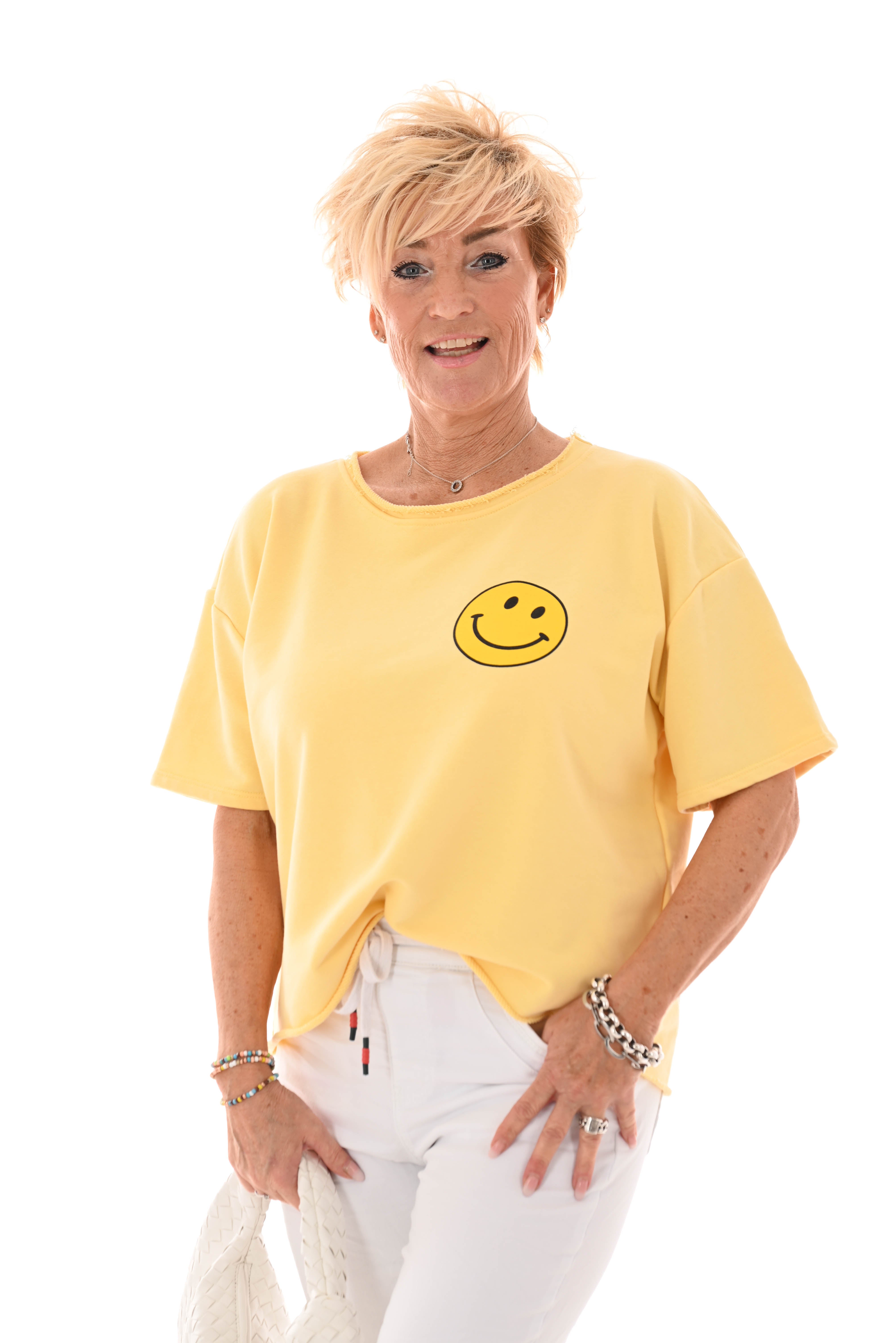Sweater korte mouwen smiley geel