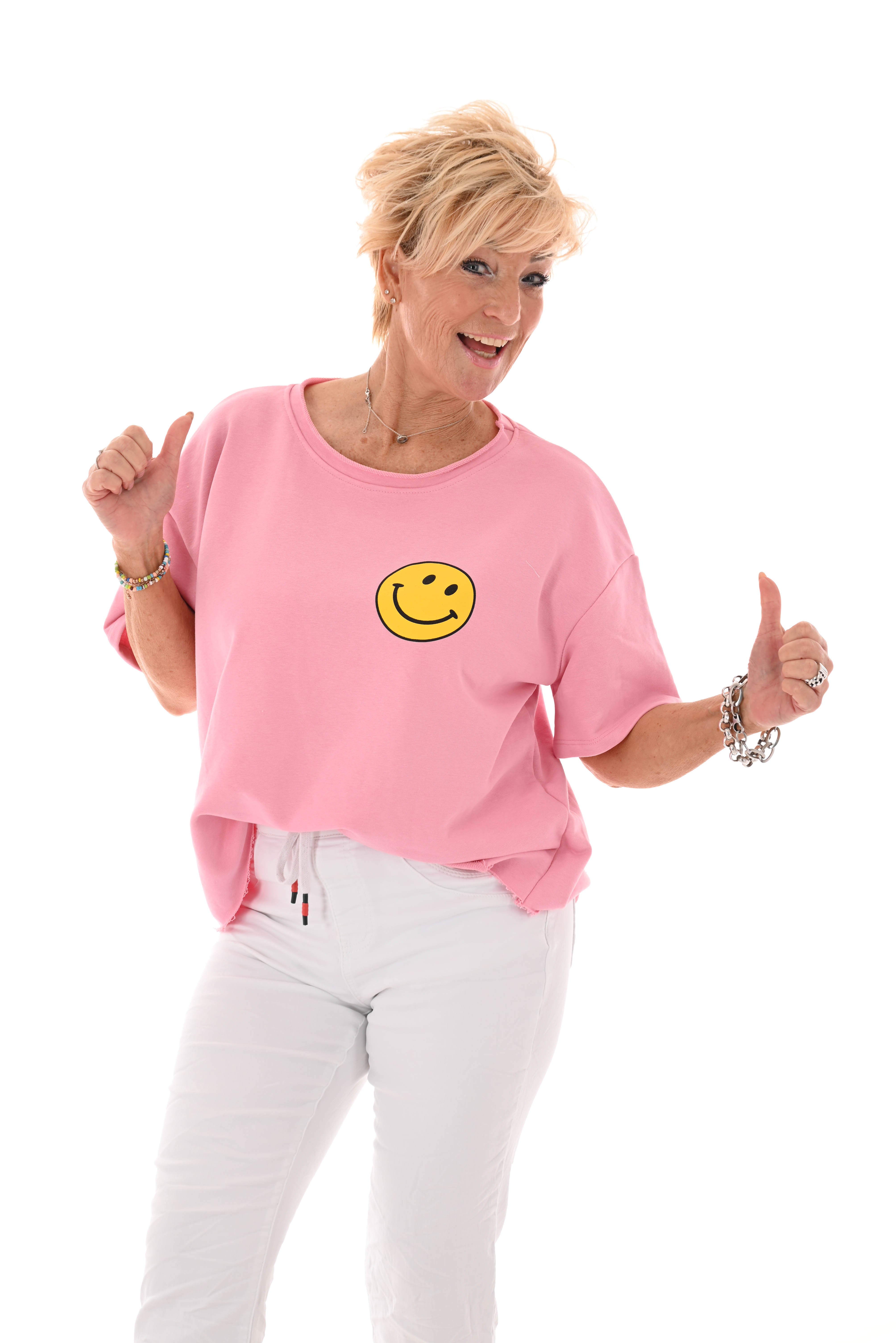 Sweater korte mouwen smiley roze