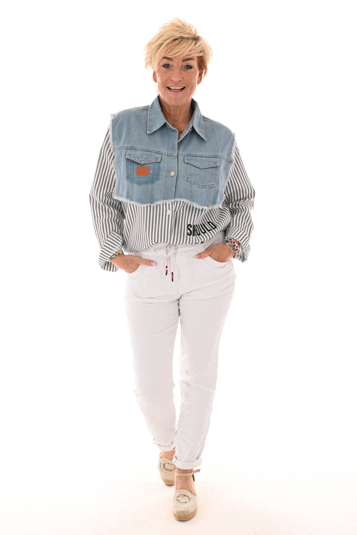 Blouse spijker rafel Feminists gestreept zwart/wit