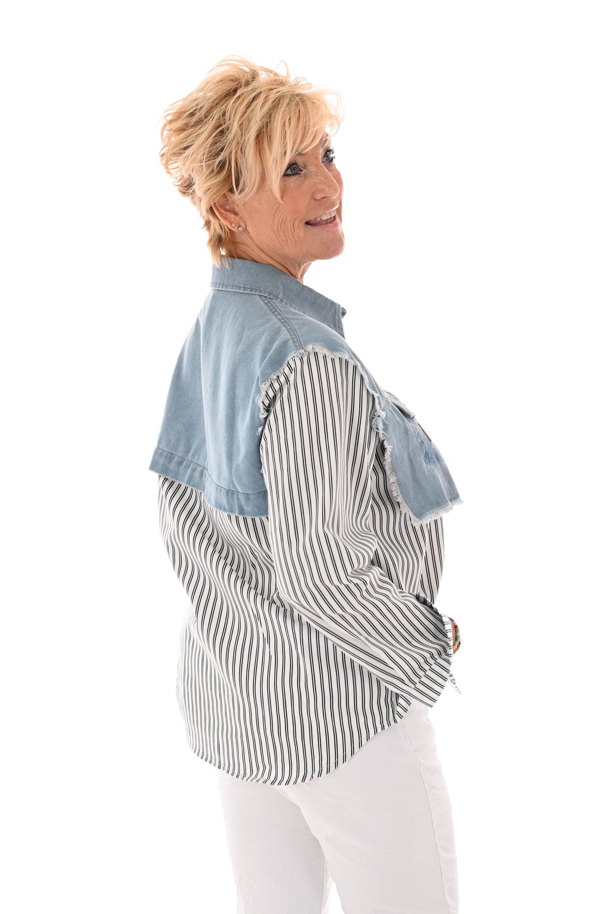 Blouse spijker rafel Feminists gestreept zwart/wit