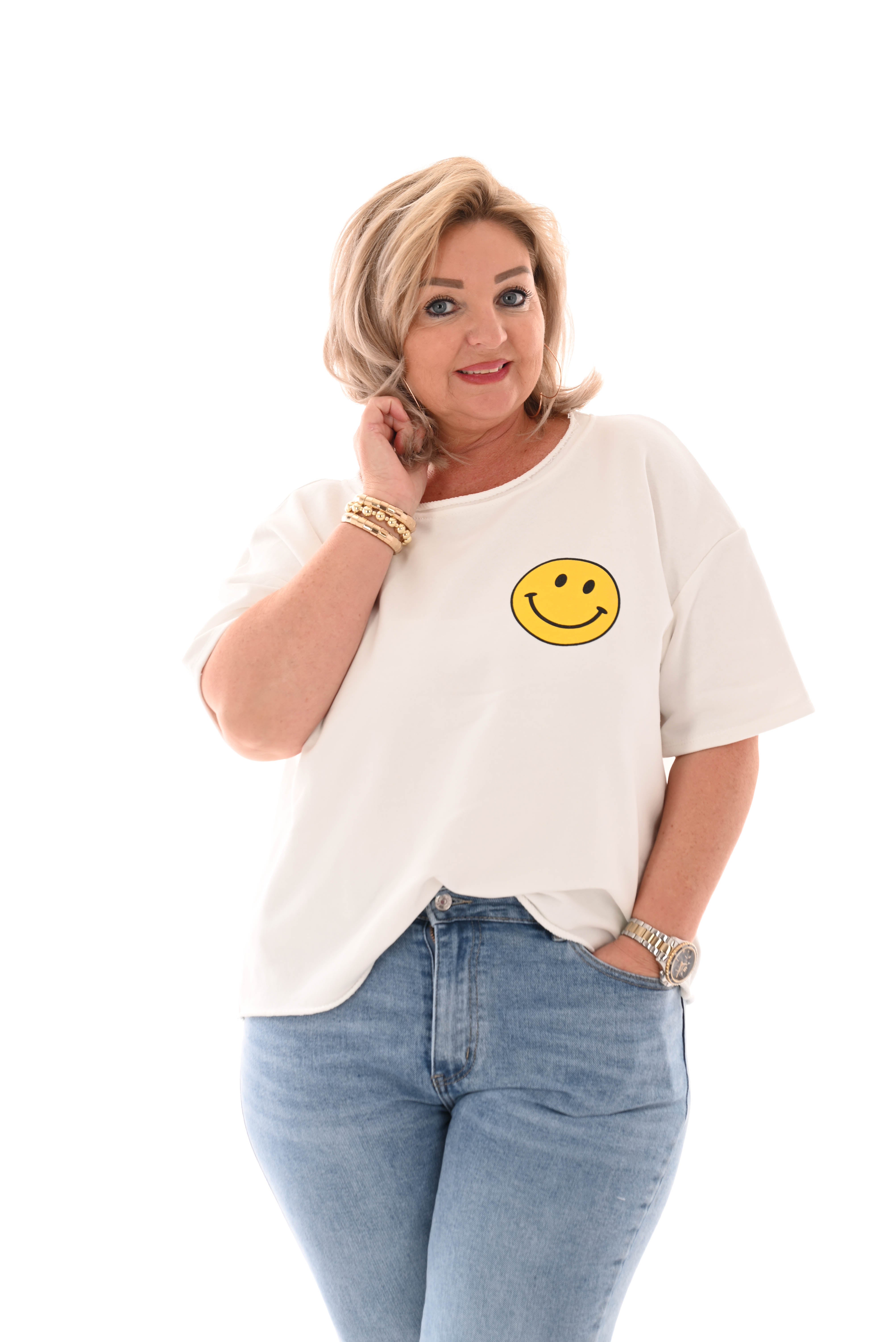 Sweater korte mouwen smiley roomwit