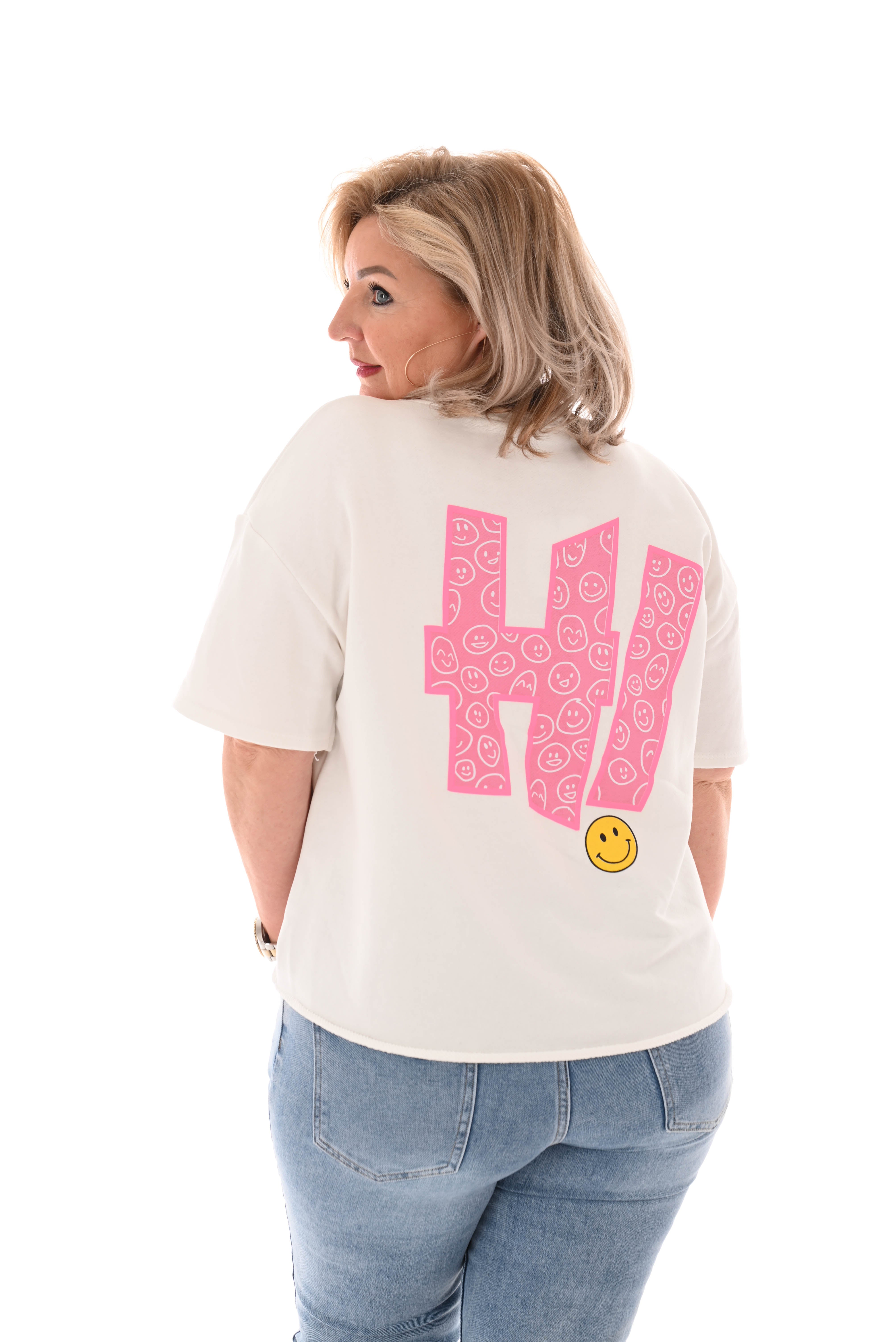 Sweater korte mouwen smiley roomwit